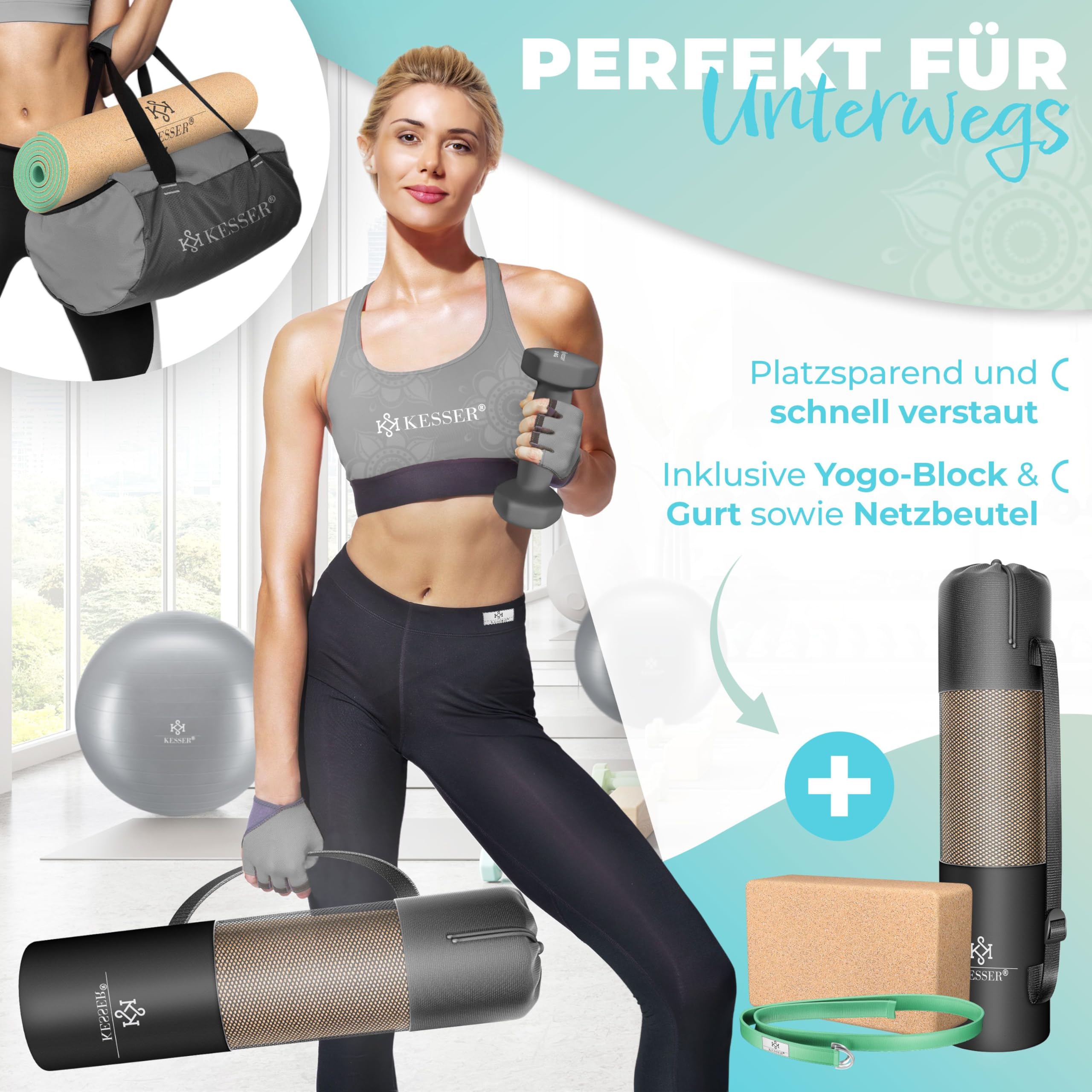 KESSER® Yogamatte Kork Inkl. Tragegurt Tasche & Block Gymnastikmatte - Matte rutschfest aus Naturkautschuk TPE Fitnessmatte, 183 x 62 Trainingsmatte für Fitness Sportmatte, Gymnastik extradick