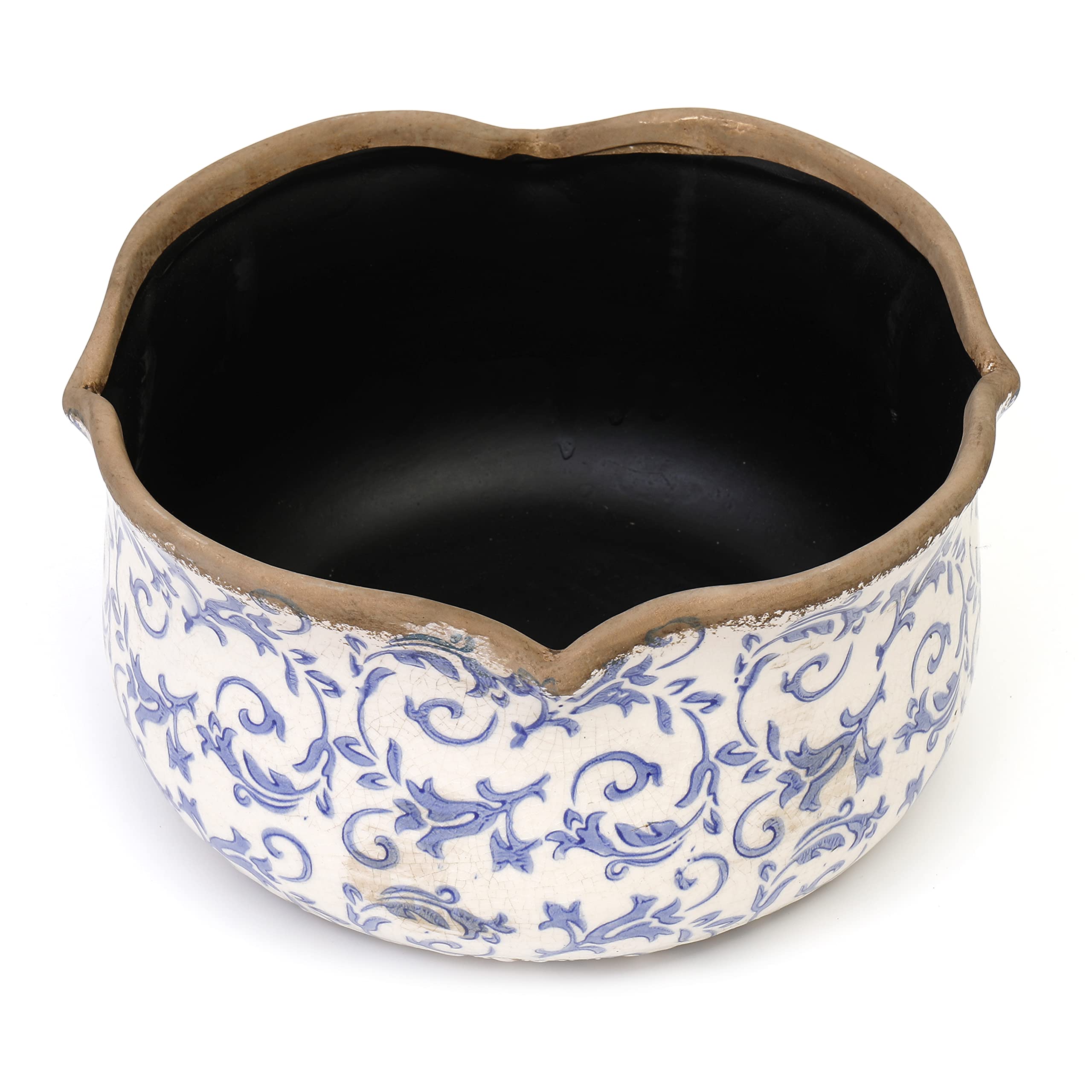Annibells Blue Vintage Cream Ceramic Round Floral Scalloped Planter Plant Flower Pot (Large)