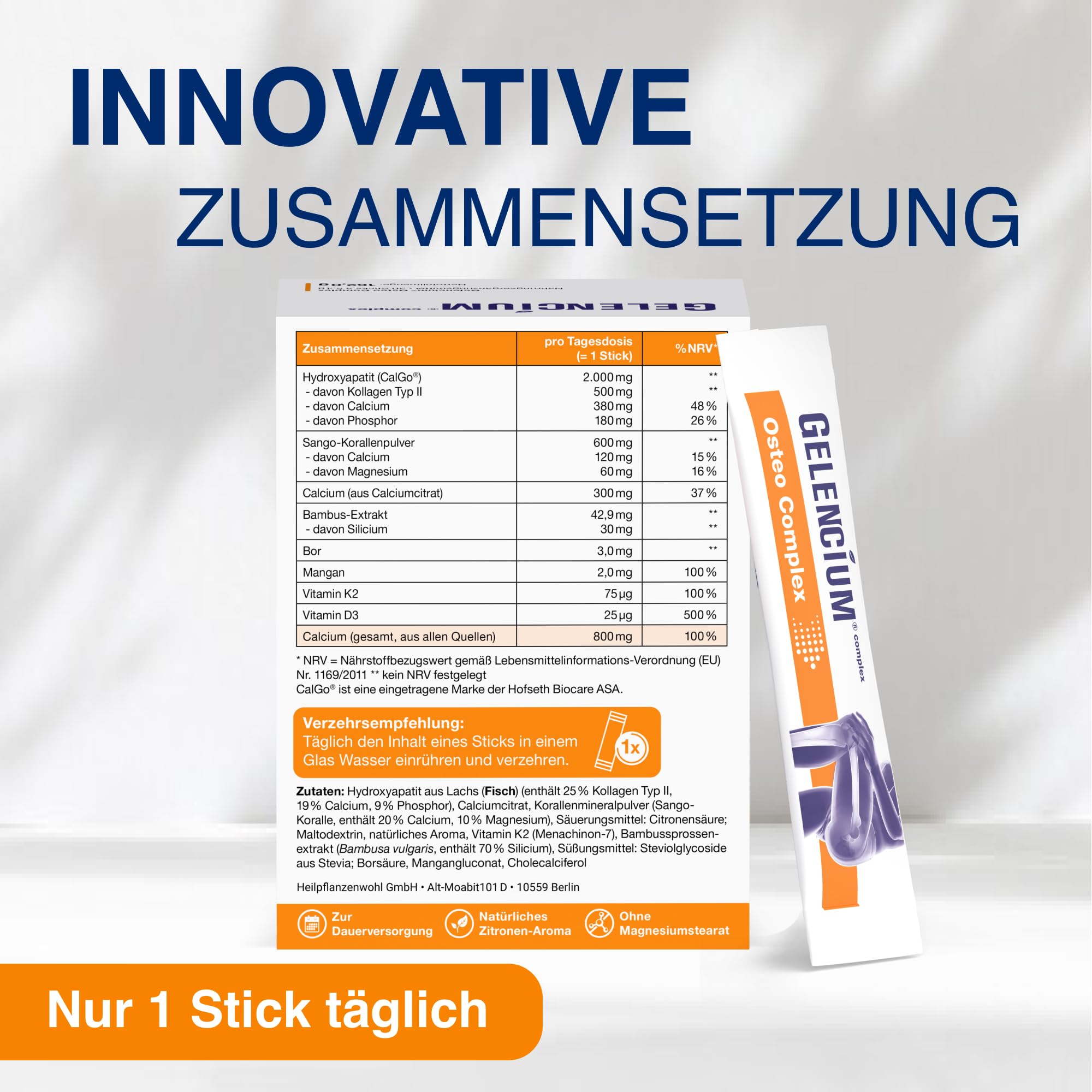 Gelencium Osteo Complex – 800 mg Calcium aus 3 Quellen – 30 Sticks | CalGo Hydroxyapatit, Sango-Koralle & Calciumcitrat · Mit Vitamin D3, K2 & Mangan für normale Knochen