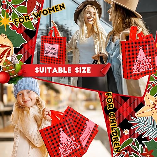 Miniatura 4 de Tenceur 150 bolsas de regalo de plástico de Navidad, bolsas de mercancía de Navidad de 10 x 13 pulgadas, bolsas de compras a cuadros con asas,