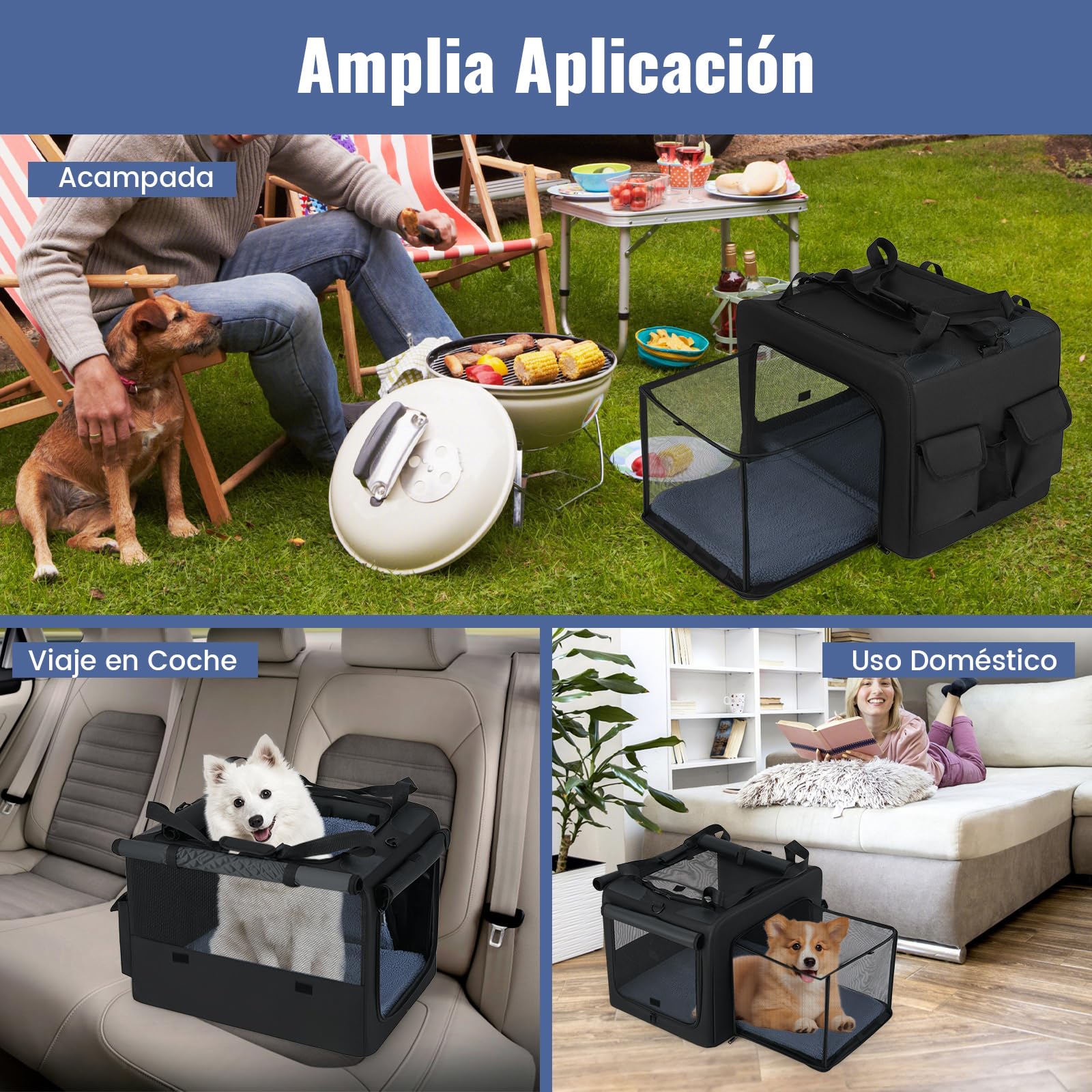 COSTWAY Transportín para Perros, Bolsa Transportin Portátil y Plegable para Mascotas con 2 Aberturas y Ventana, Cesta Interior de Malla, Bolsillos Laterales para Interior Exterior (80 x 65 x 42 cm)