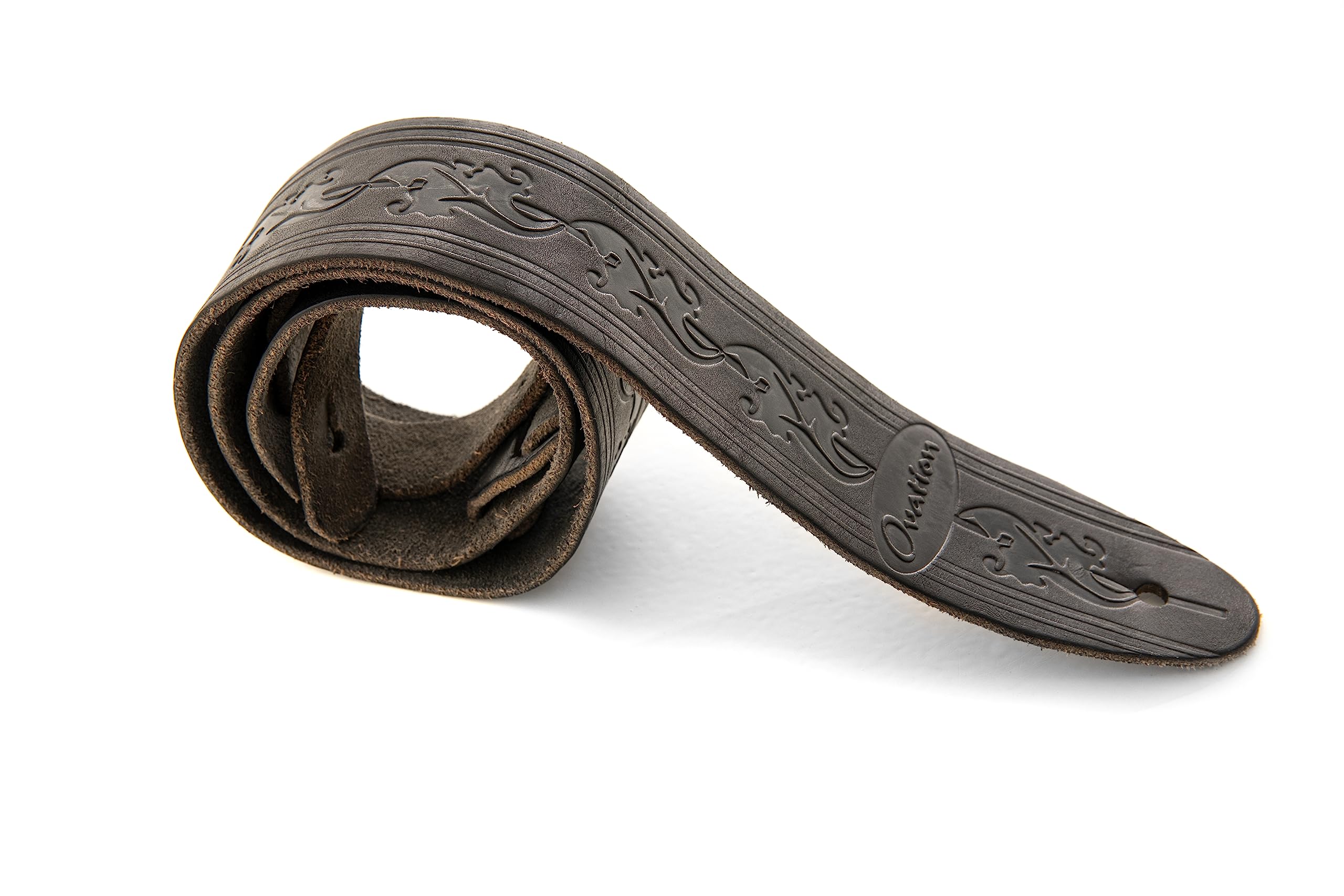 OVATION pasek do gitary skórzany Premium – Signature „Leaf” – Czarny – Wytłaczany motyw liści – Ręcznie wykonany