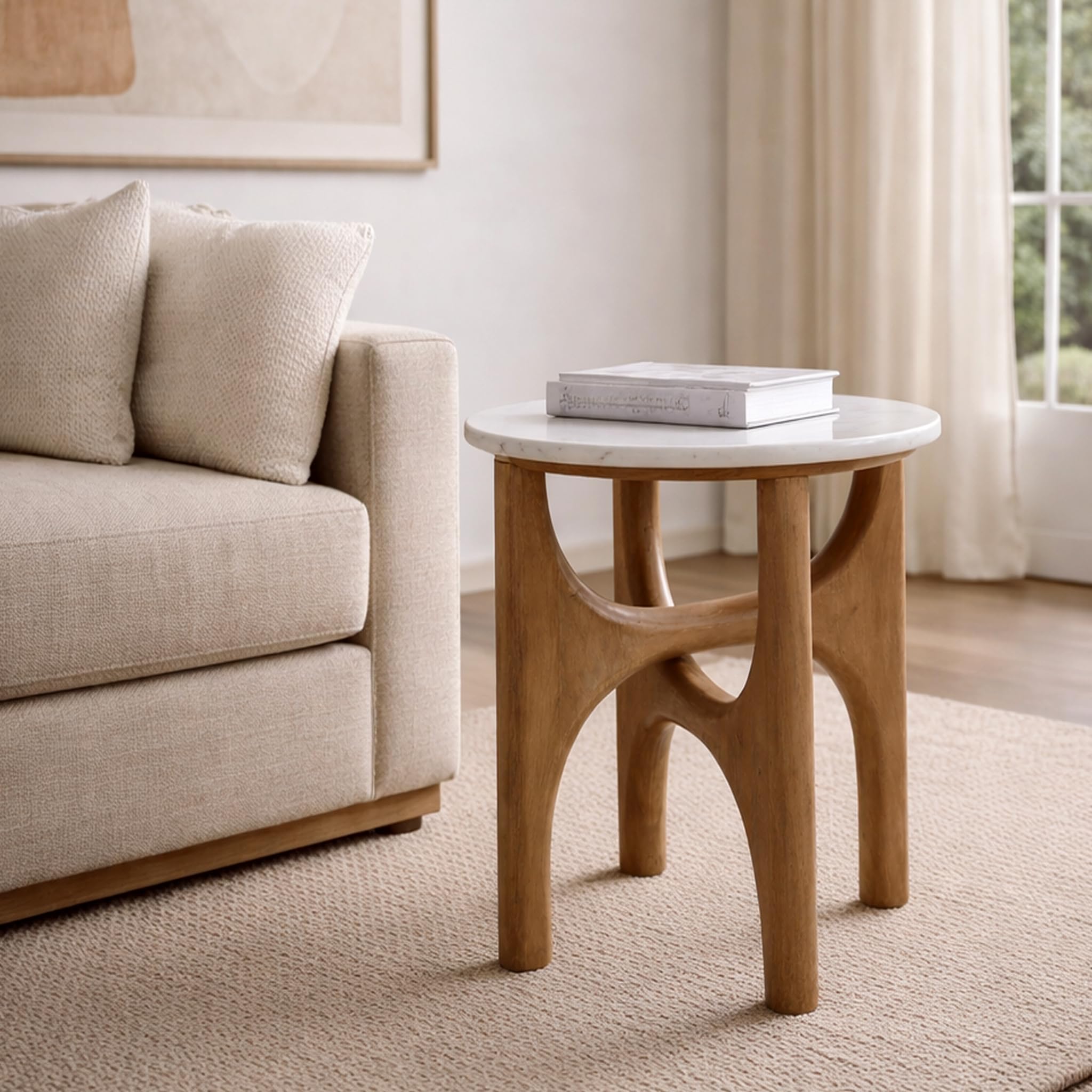 Round Cairns Side Table with White Marble Top | Wooden Base Natural Brown | Modern Accent Table for Living Room, Bedroom and Home Décor-image-24