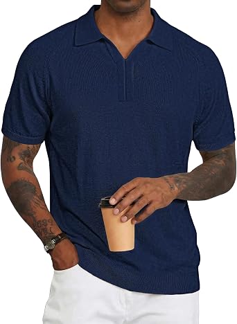 JMIERR Mens Short Sleeve Knitted Polo Shirt Wool Blend Johnny Collar Sweater Tops
