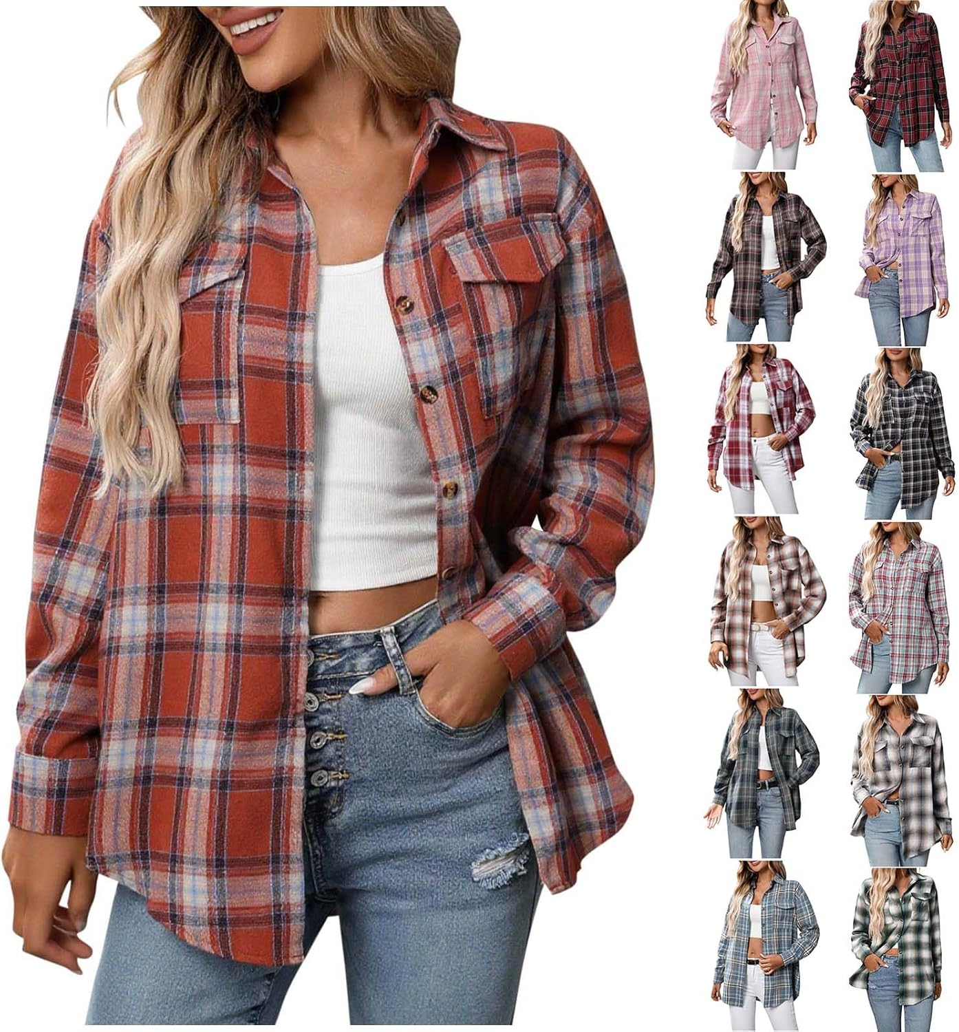 Women's Flannel Plaid Long Sleeve Shirts Collared Button Down Cardigan Trendy Fall Shackets Classic Fancy Blouses Shackets for Women
