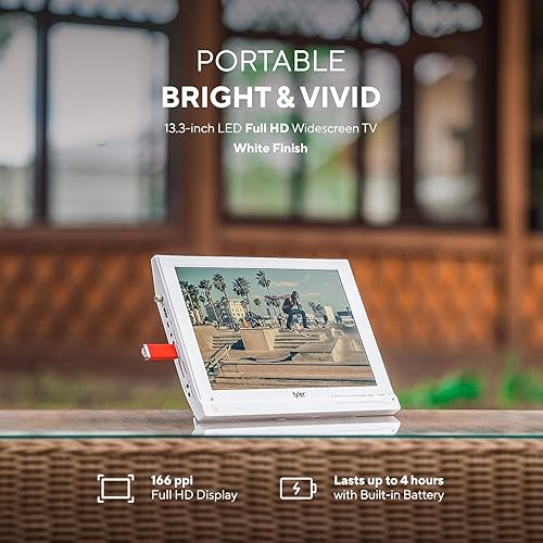 Miniatura 2 de Tyler Monitor LCD portátil de TV de 13.3 pulgadas, funciona con batería de litio recargable de 1080P, 3 antenas, HDMI, SD, USB, RCA, radio FM,