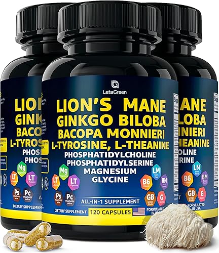 Cápsulas orgánicas de suplemento de melena de león, cápsulas de melena de león con hierba de ginkgo biloba, bacopa monnieri, L teanina, L tirosina,