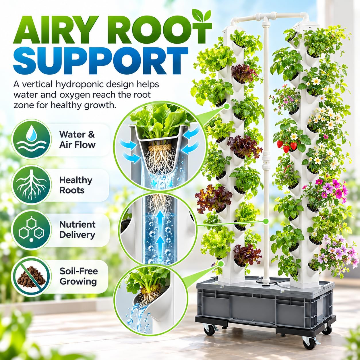 Torre idroponica Verticale 56 Fori Sistema Di Coltura Idroponica con Ruote e Pompa Acqua, per Coltivazione di Fiori, Verdure, Patate, Verdure Latifoglie