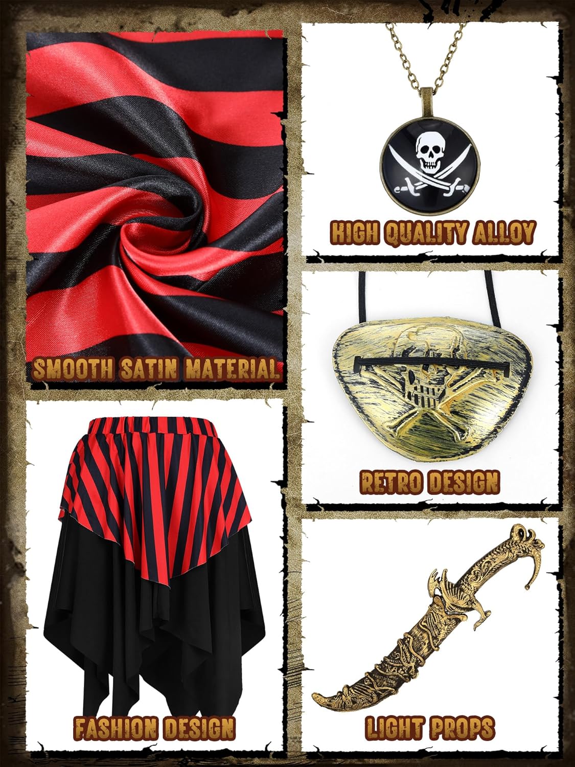 9 Pcs Adult Pirate Costume Women Pirate Skirt with Head Scarf Waist Belts Fishnet Stockings Corset Eye Patch Earrings Necklace Plastic Knife Accessories for Halloween Cosplay Party - Image 5