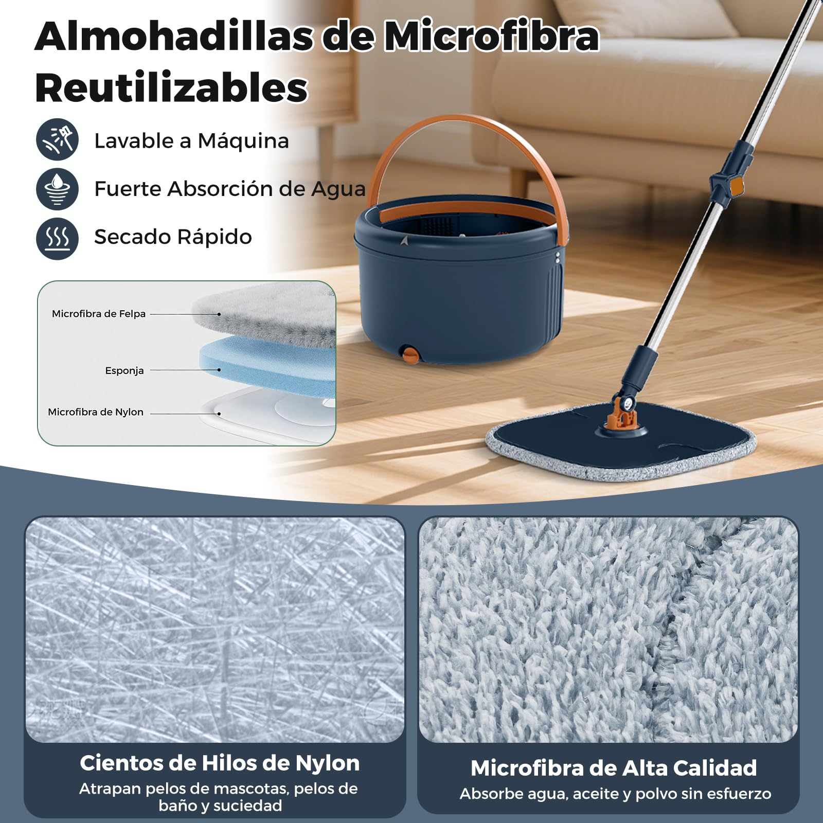 COSTWAY Set de Mopa y Cubo con Escurridor, Fregona y Cubo para Suelo con Cabezales de Mopa, Sistema de Limpieza de Suelos para Uso en Húmedo y en Seco, Cabezal Cuadrado Giratorio de 360°, Azul Marino