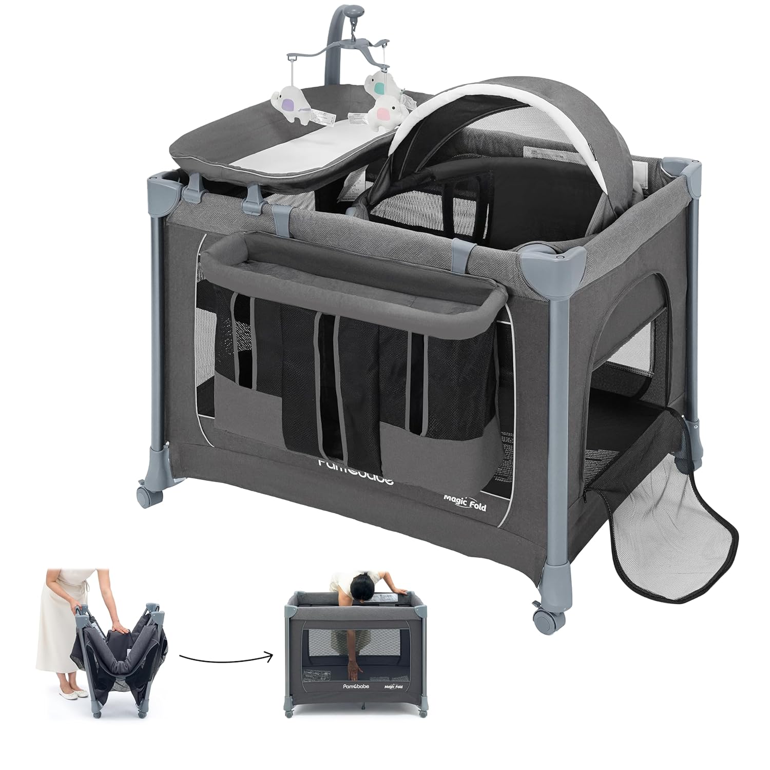 Pamo Babe 4-in-1 Baby Playard, Deluxe Magic Fold Playpen, Play Yard with Zip Door & Changing Table & Mobile Grey