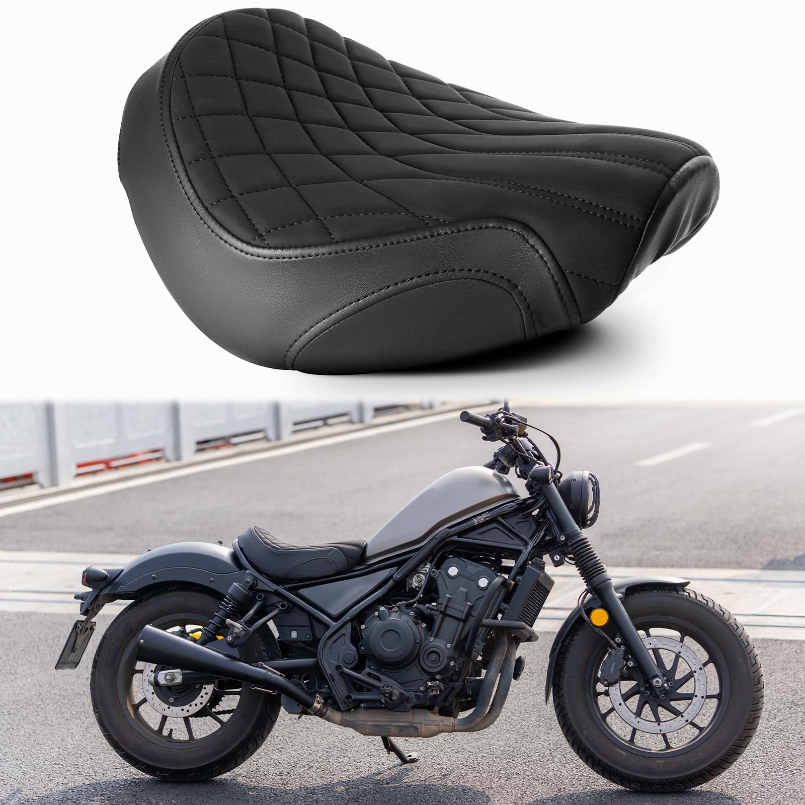 Photo 1 of JUNJUMOTO Motorcycle Solo Seat Compatible with 2017-2026 Rebel 300 Rebel 500 Front Rider Seat Silicone Cushion (Black Stitching Diamond Pattern)