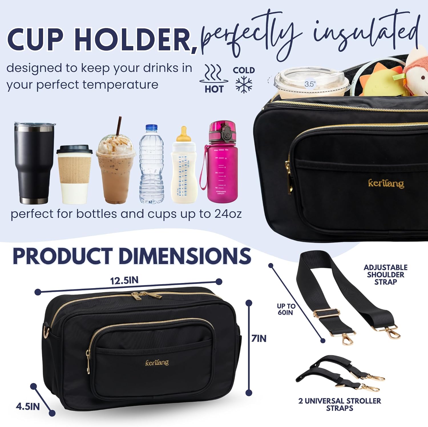 Universal Stroller Caddy with Cup Holder, Waterproof Small Diaper Bag, Stroller Organizer with Shoulder Straps, Baby Travel Bag with Wipes Pocket