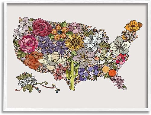 Stupell Industries Mapa del país de los Estados Unidos con flores botánicas detalladas del estado enmarcado, diseño de Valentina Harper
