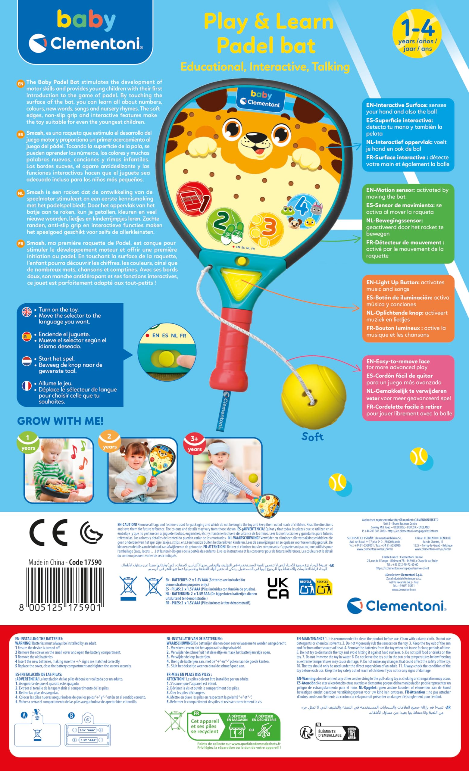 Clementoni Baby Raqueta Interactiva Baby Padel - Juguete Musical para Bebé con Luces, Sonidos y Sensor de Movimiento, Multilingüe, Niños +12 Meses