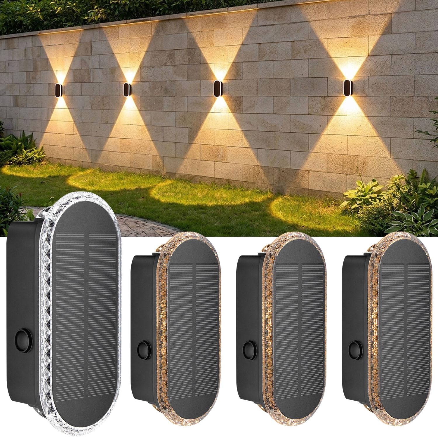 ELLASAY Lampe Solaire Applique Murale pour Jardin Clôture Lot De 4 | 1200mAh Up and Down lumiere solaire exterieur IP65 Étanche Éclairage Puissant Avec 3000K/4000K/6500K
