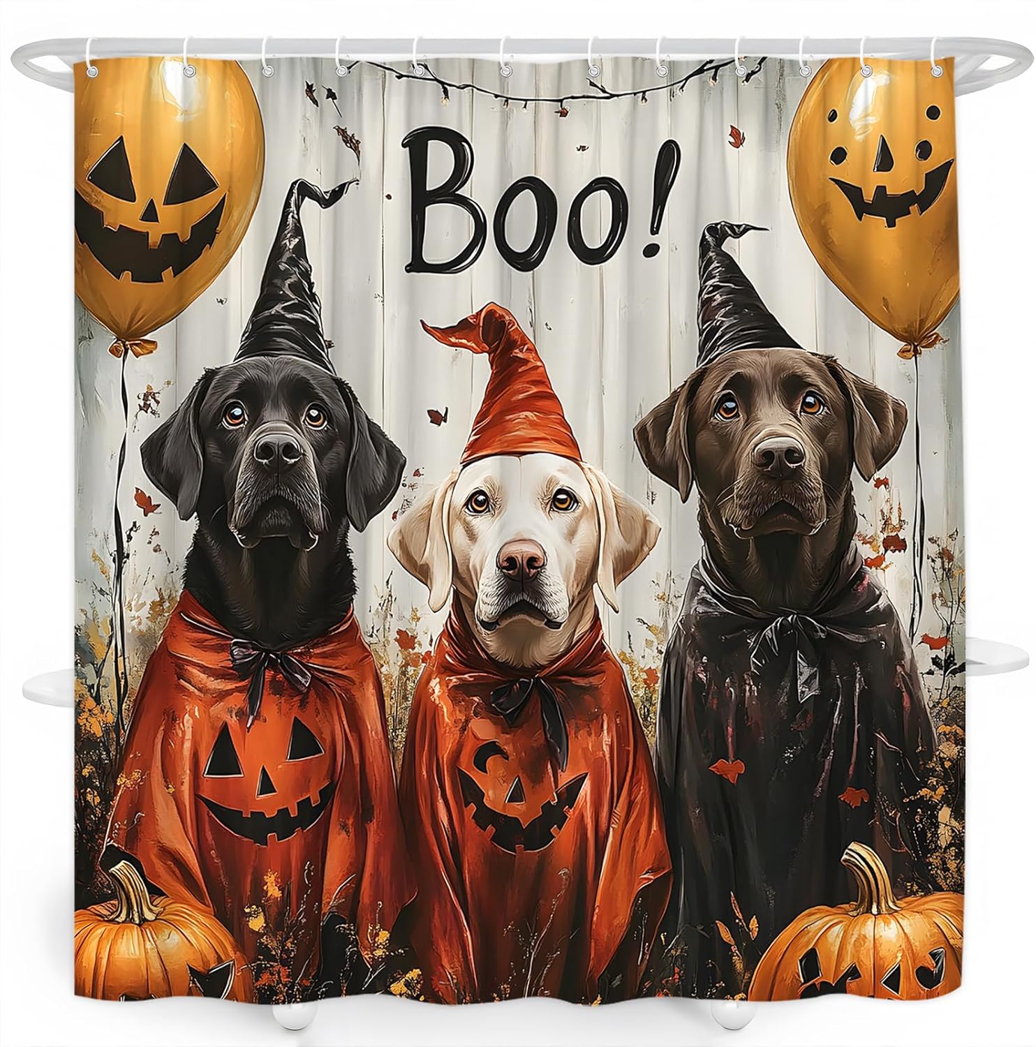 Halloween Dog Shower Curtain Funny Dogs Pumpkin Balloons Cute Animals Ghost Rustic Wood Paneling Fall Scary Holiday Bathroom Decor Curtain with Hooks