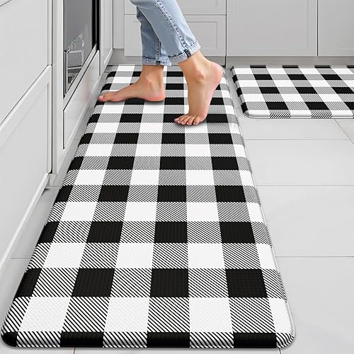 MAYHMYO Tapetes de cocina de 1/2 pulgada, color blanco y negro, tapetes de cocina de granja, antifatiga, acolchados para piso, antideslizantes,