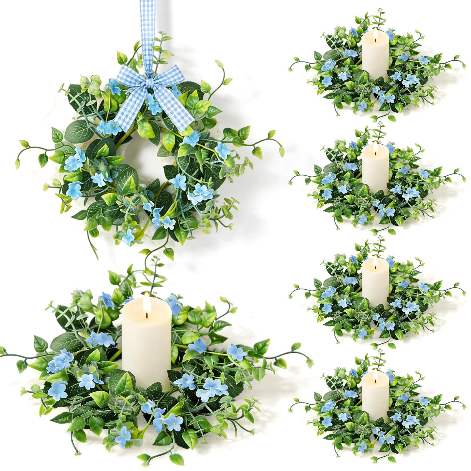 Photo 1 of ?6 Pcs Small Spring Summer Candle Ring Wreaths with Artificial Green Leaves and Trailing Vines Mini Candle Holder Wreath with Blue Flowers for Home Kitchen Table Centerpieces Front Door