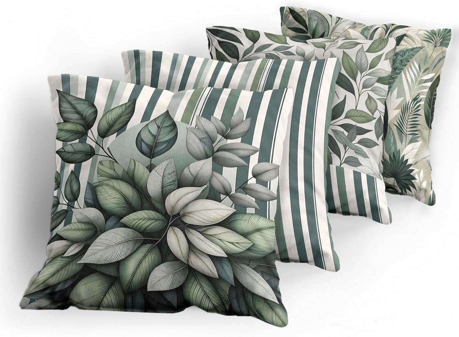 Ambesonne Leaves Throw Pillow Cushion Cover Set of 4, Modern and Soft Leaf Pattern with Simplistic Stripes Botanical Style Art, Decorative Accent Double-Sided Printing, 24", Laurel Green and Ivory