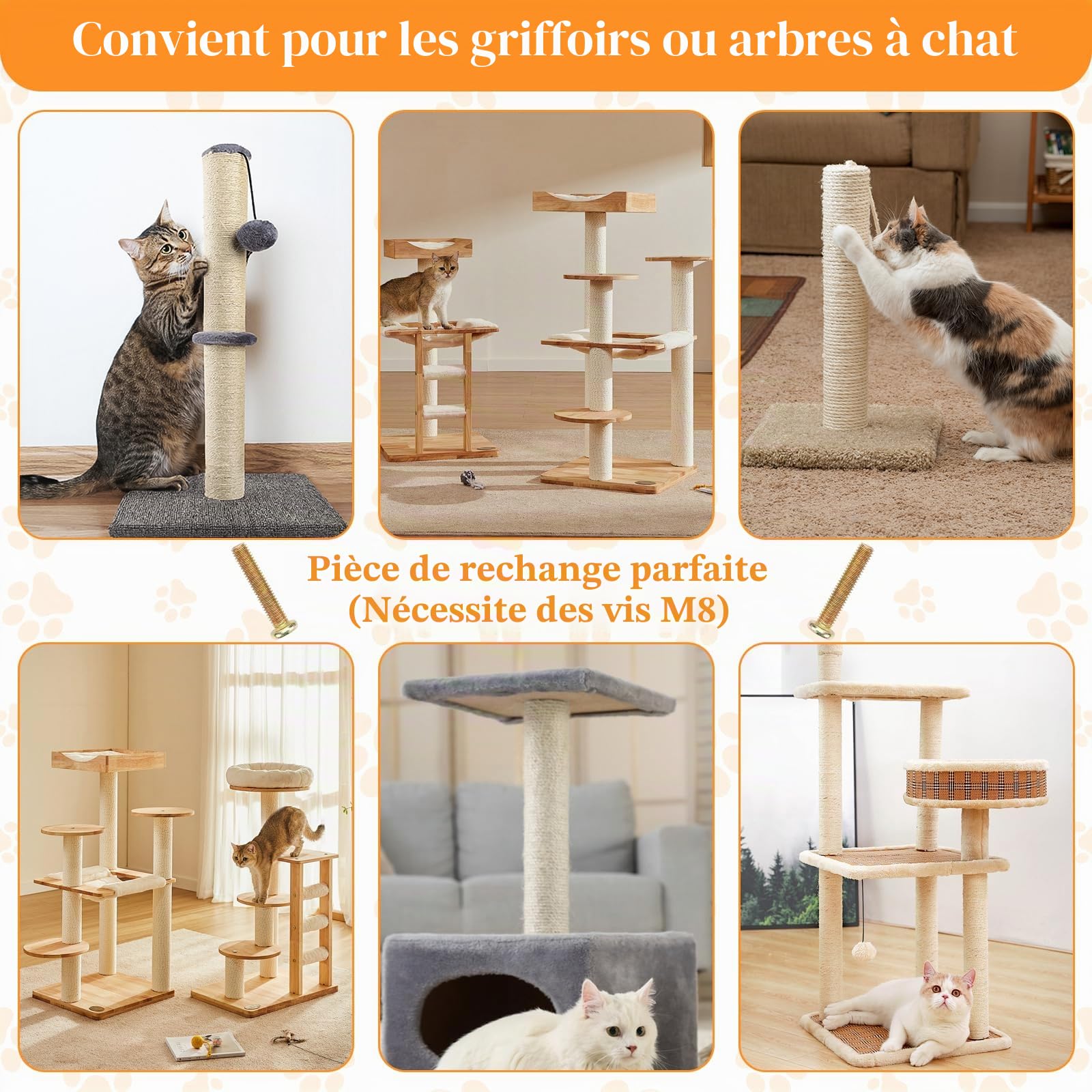 Tronc de rechange pour griffoir en sisal, diamètre 7 x 34 cm, accessoire pour griffoir en sisal, hauteur 70 cm, avec vis M8 et clé anglaise