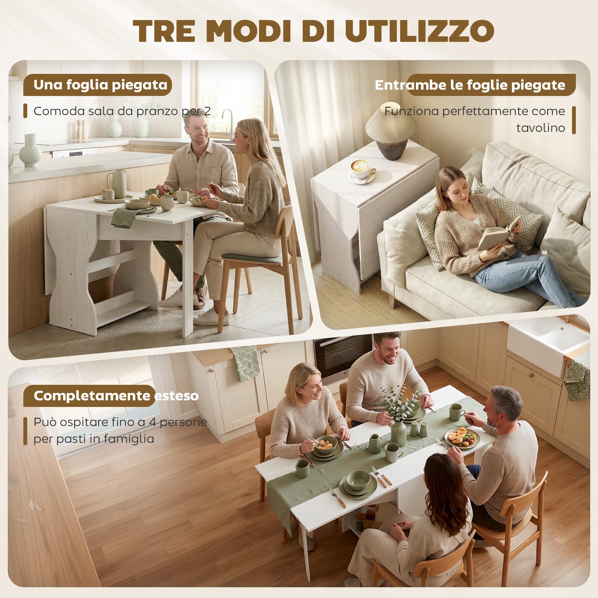 HOMCOM Tavolo da Pranzo Pieghevole 160 cm, Consolle con Ripiano Portaoggetti per Piccoli Spazi, Tavolo Moderno Salvaspazio per 4 Persone, Bianco