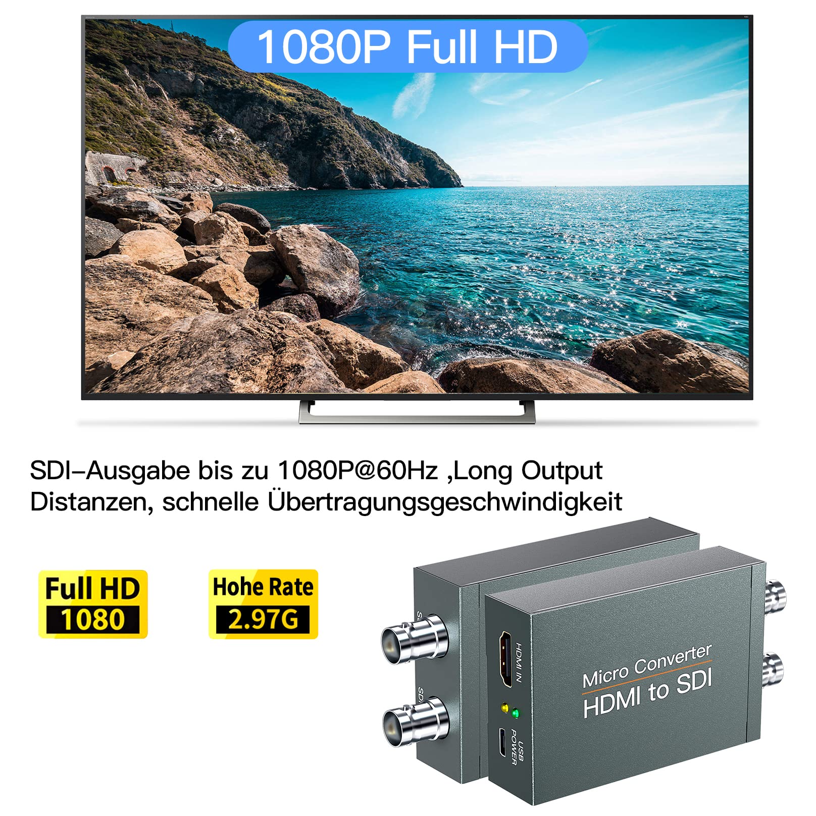 Convertitore HDMI a SDI, HDMI a 3G-SDI/HD-SDI, Audio Embedder 2 vie SDI, Supporta 1080P per fotocamera Home Cinema