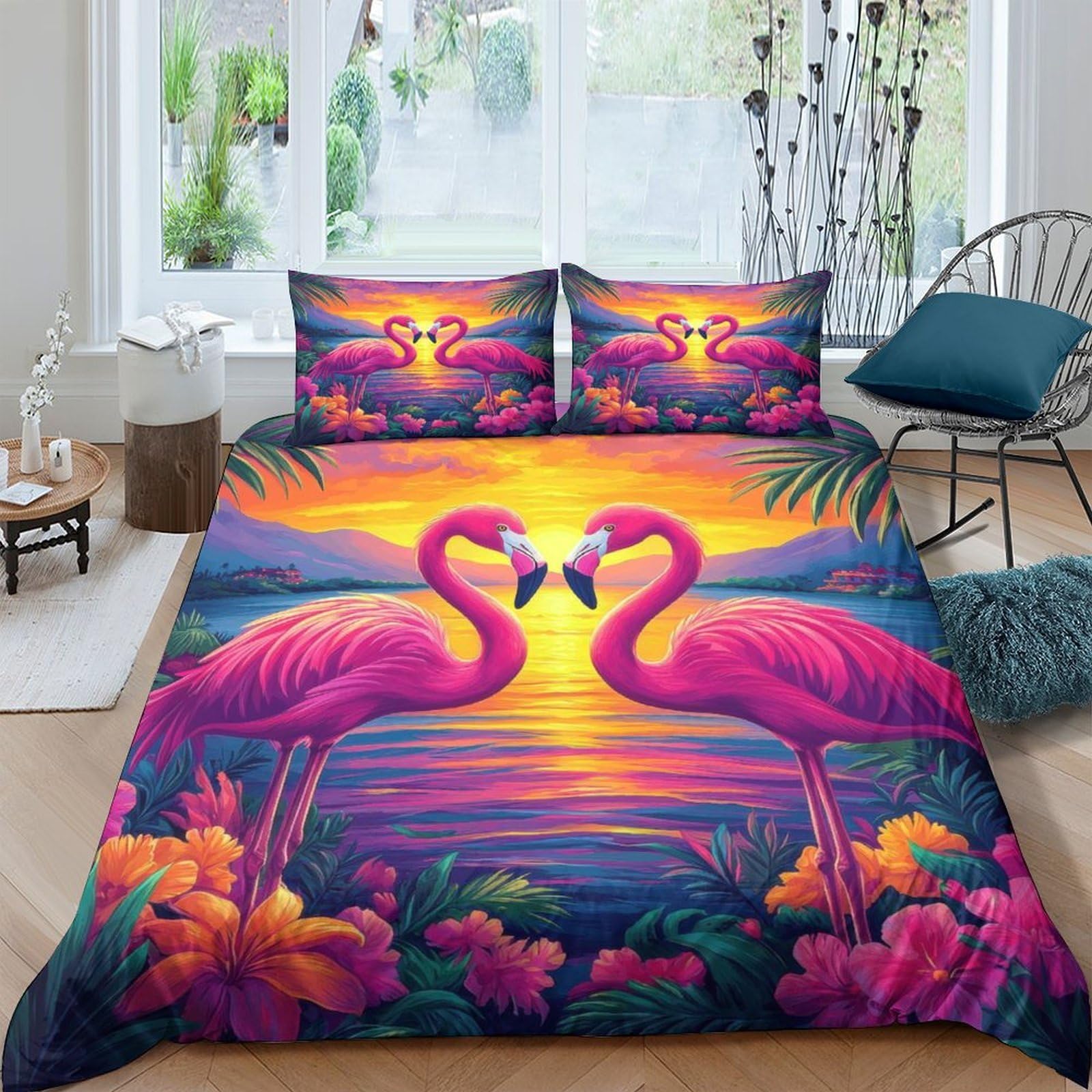 Ctjqhvkz Style-2 3D Printed Sunset Flamingo Fitted Sheet Microfiber Soft Tropical Floral Mattress Cover For Bedroom Dorm Decor Single（135X200cm）