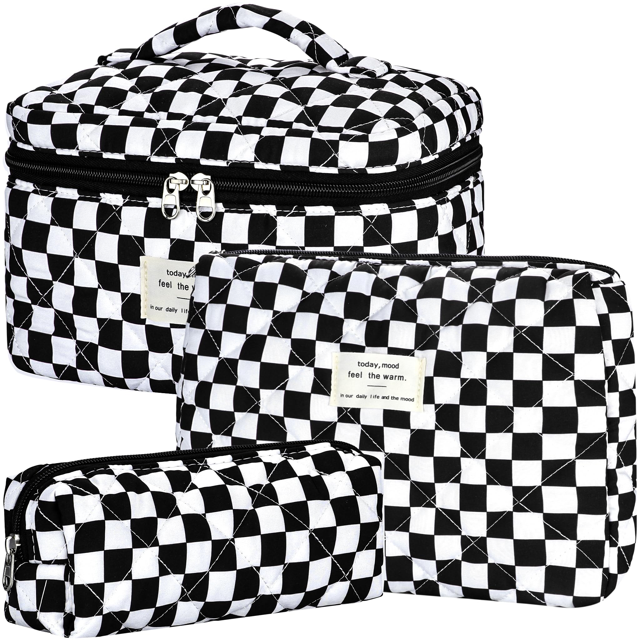 TESAFNG Quilted Makeup Bag Set - 3 PCS Cute Floral Cotton Makeup Bag, Large Coquette Aesthetic Make up Cosmetic Bag, Flower Travel Toiletry Organizer