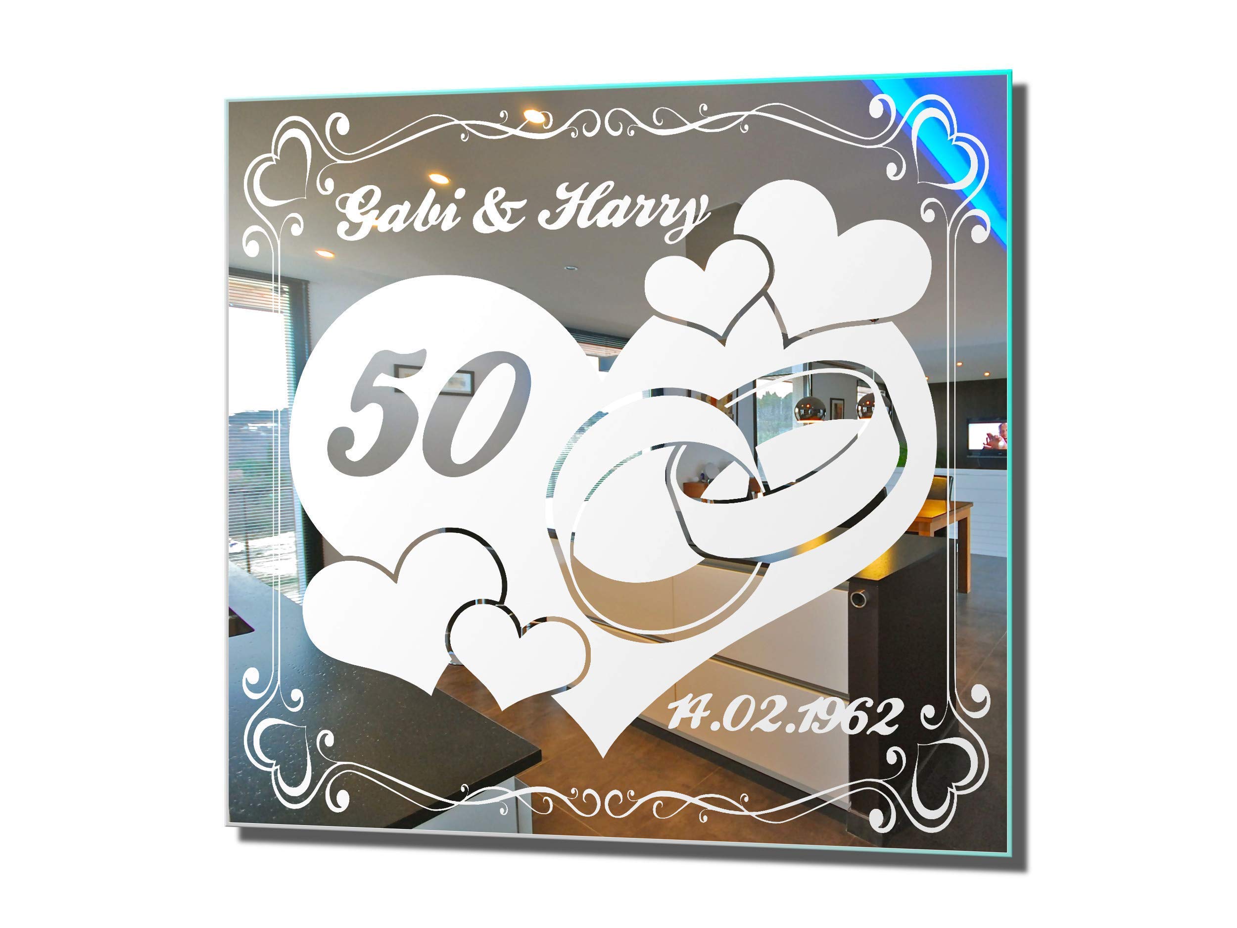 Spiegel mit Gravur zur Goldenen Hochzeit 1 ★ Wandbild ★ Hochzeitstag ★ Ehe ★ Hochzeitsgeschenk ★ 50 Jahre ★ personalisiert