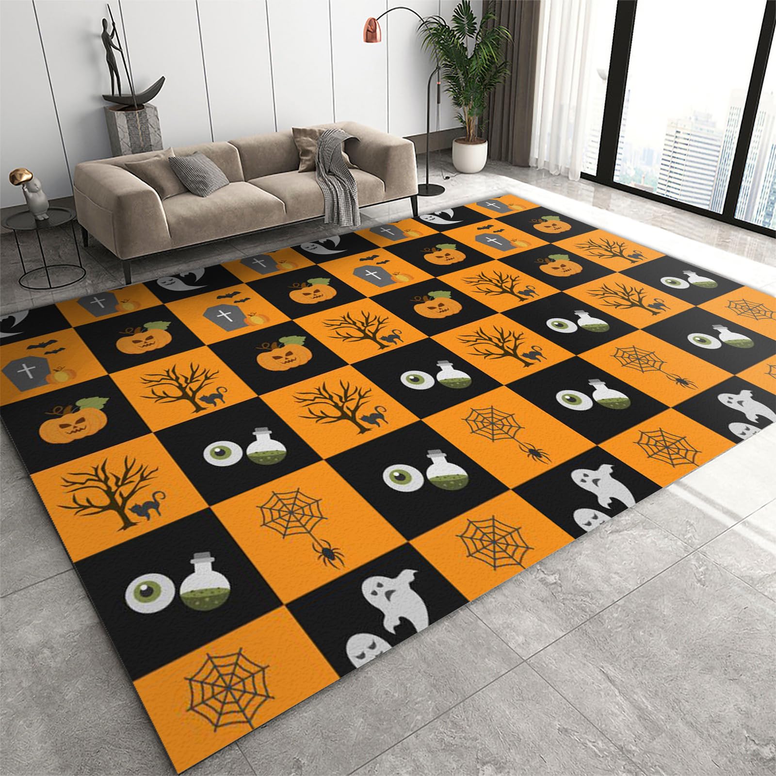 FIEMAR Area Rug 140 x 200 cm Scary Spider Eyeball Ghost Tree Jack-O'-Lantern Tombstone Kids Room Rugs, Black Orange Plaid Entryway Carpet Anti-Slip Machine Washable for Halloween Living Room Bedroom โ image 1