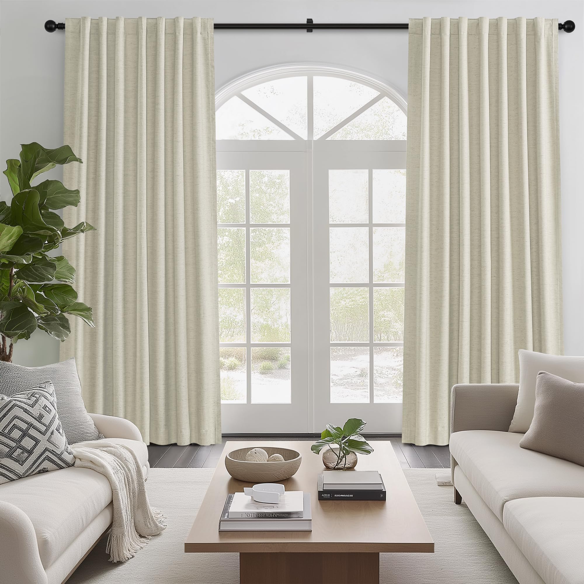 Cortinas opacas para dormitorio, sala de estar, 137 cm de largo, oscurecimiento de la habitación, aislamiento térmico, reducción de ruido, cortinas texturizadas de lino avena con pestaña