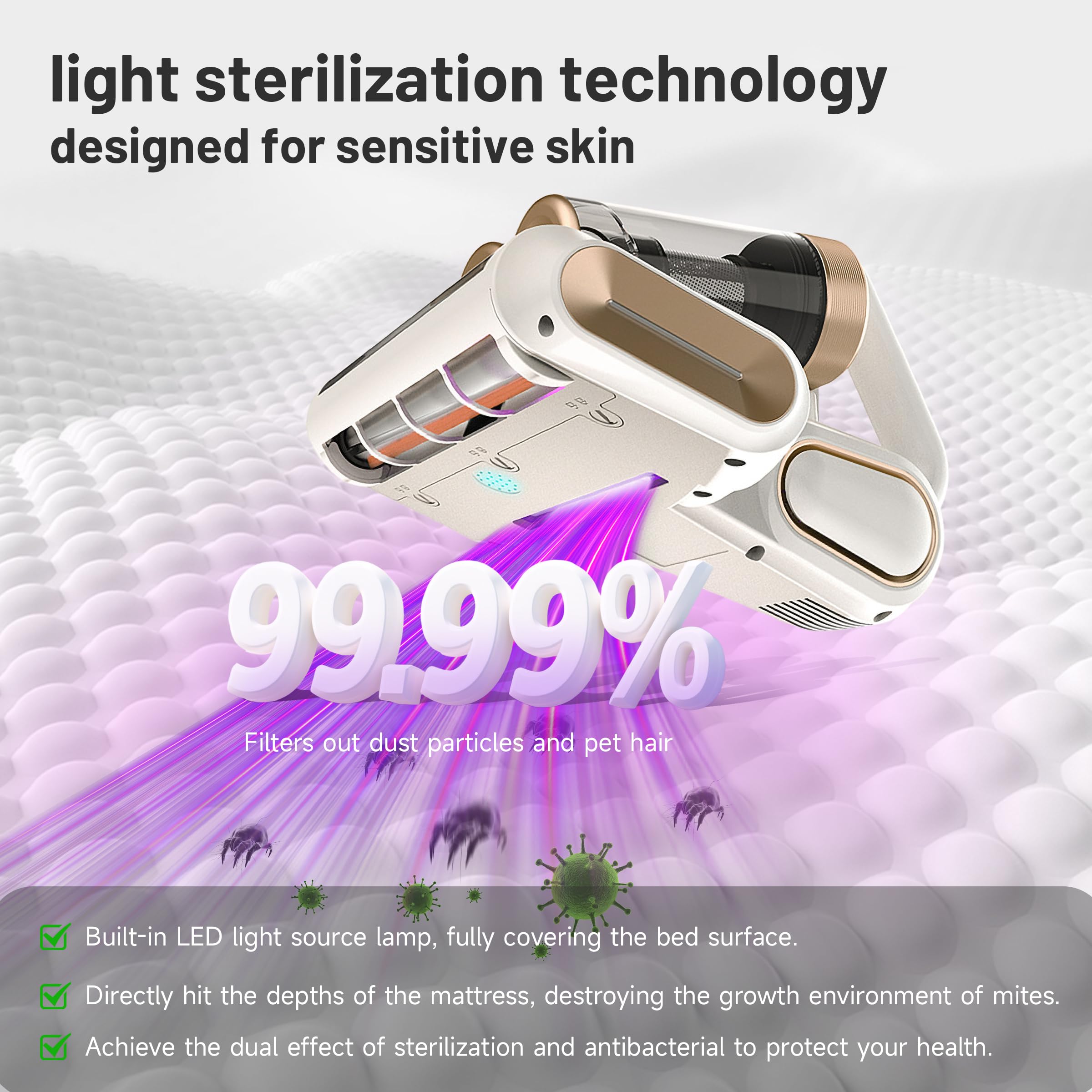 Elecbee Aspirateur de Matelas/Anti-Acariens, 13kPa Aspirateur à Main avec Lumière UV-C et Affichage LED Intelligent, Ultrasons, Double Aspirateur Élimine des Allergènes pour Lit, Canapé et Oreiller