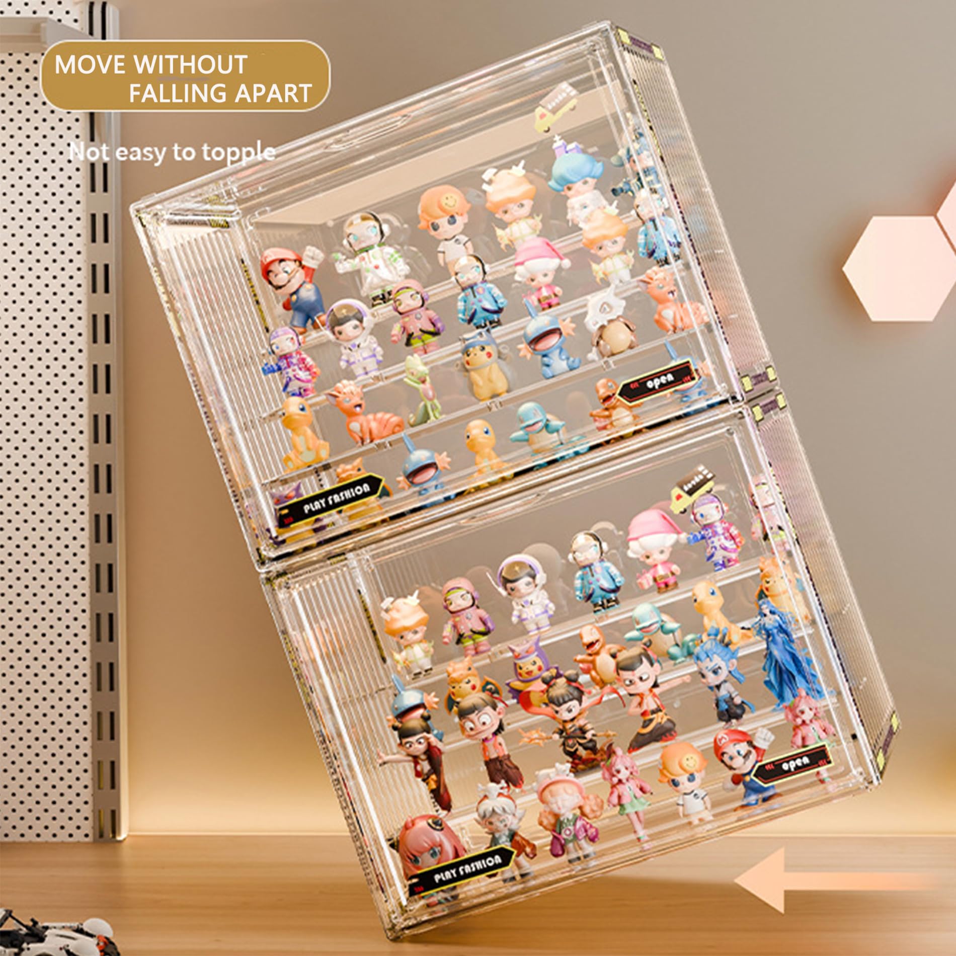 Custodia in acrilico impilabile a 4 livelli per Pop Mart & Blind Box giocattolo con doppia porta magnetica, impermeabile alla polvere e risparmiante di spazio Facile da installare (Clear, XL-1Pack)