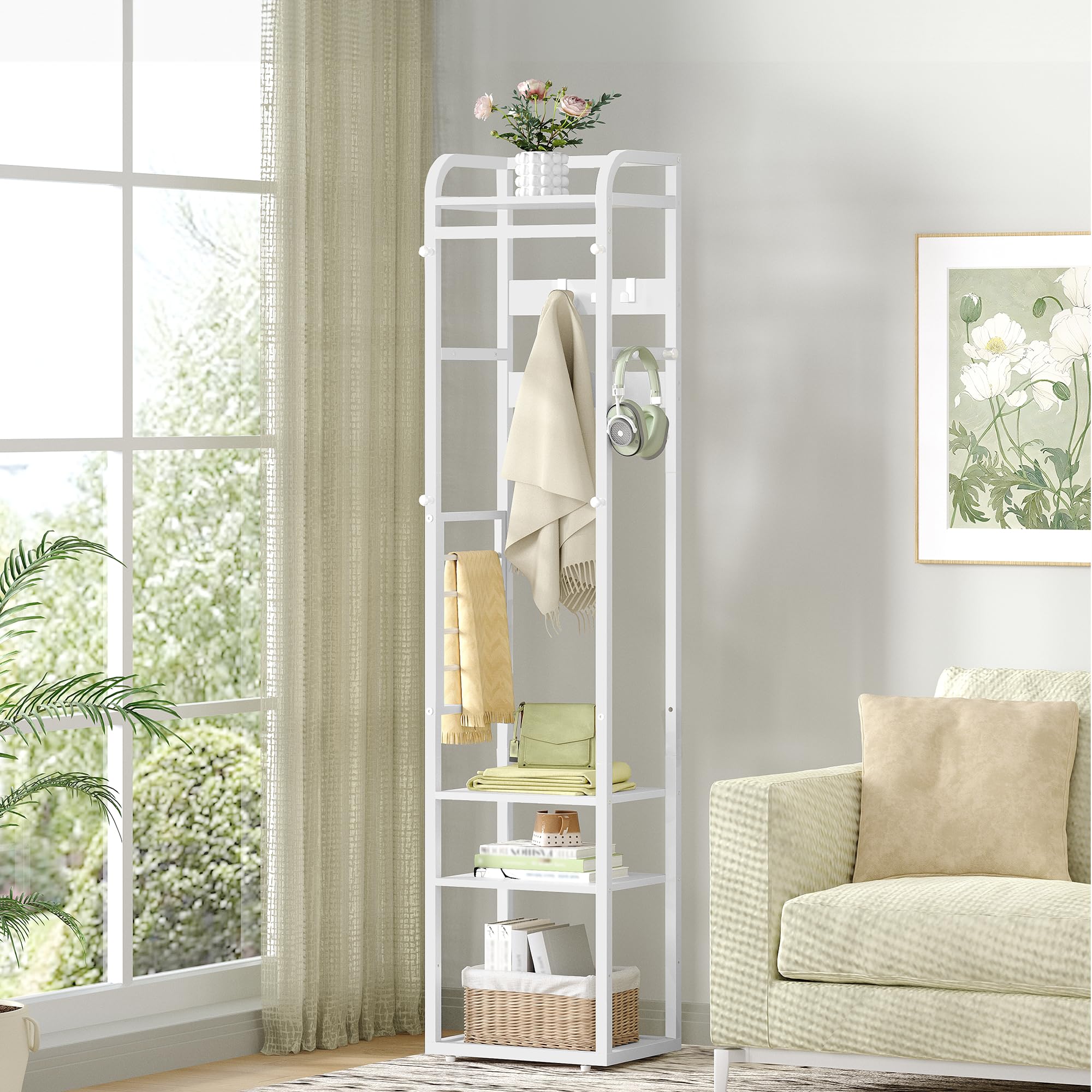 HEXCELEN Garderobenständer, Kleiderständer mit 4 Ablagen und 13 Haken, Aufbewahrungsregal mit Umkehrbaren Ablagen, Garderobe, 30 x 40 x 186 cm, für Schlafzimmer, Wohnzimmer, Flur, Weiß