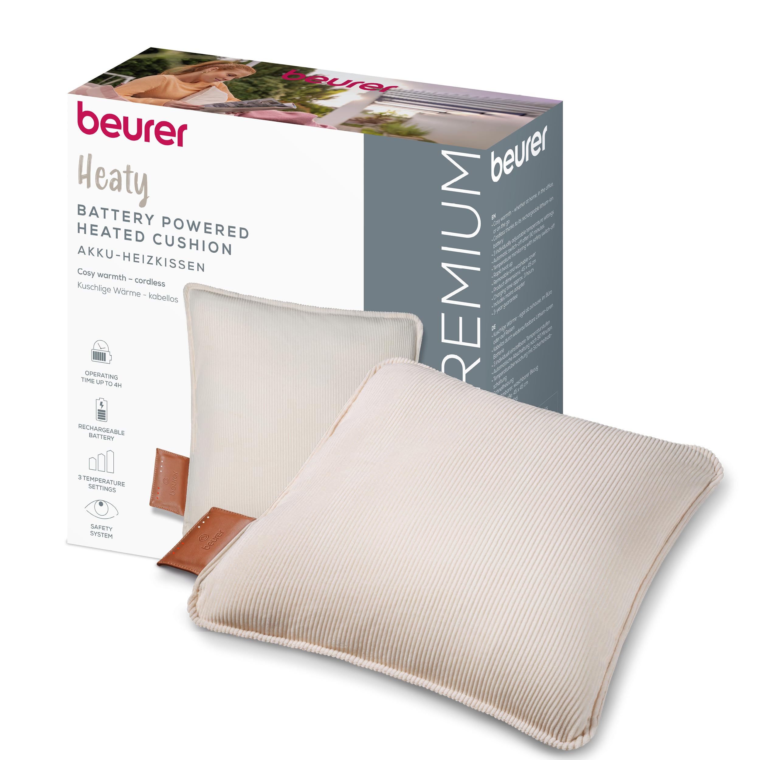 Beurer Heaty Heizkissen, kabelloses Heizkissen mit Akku, Wärmekissen mit Abschaltautomatik und 3 Temperaturstufen, mit Schnellheizung, weicher Cordstoff, cashmere-creme/weiß
