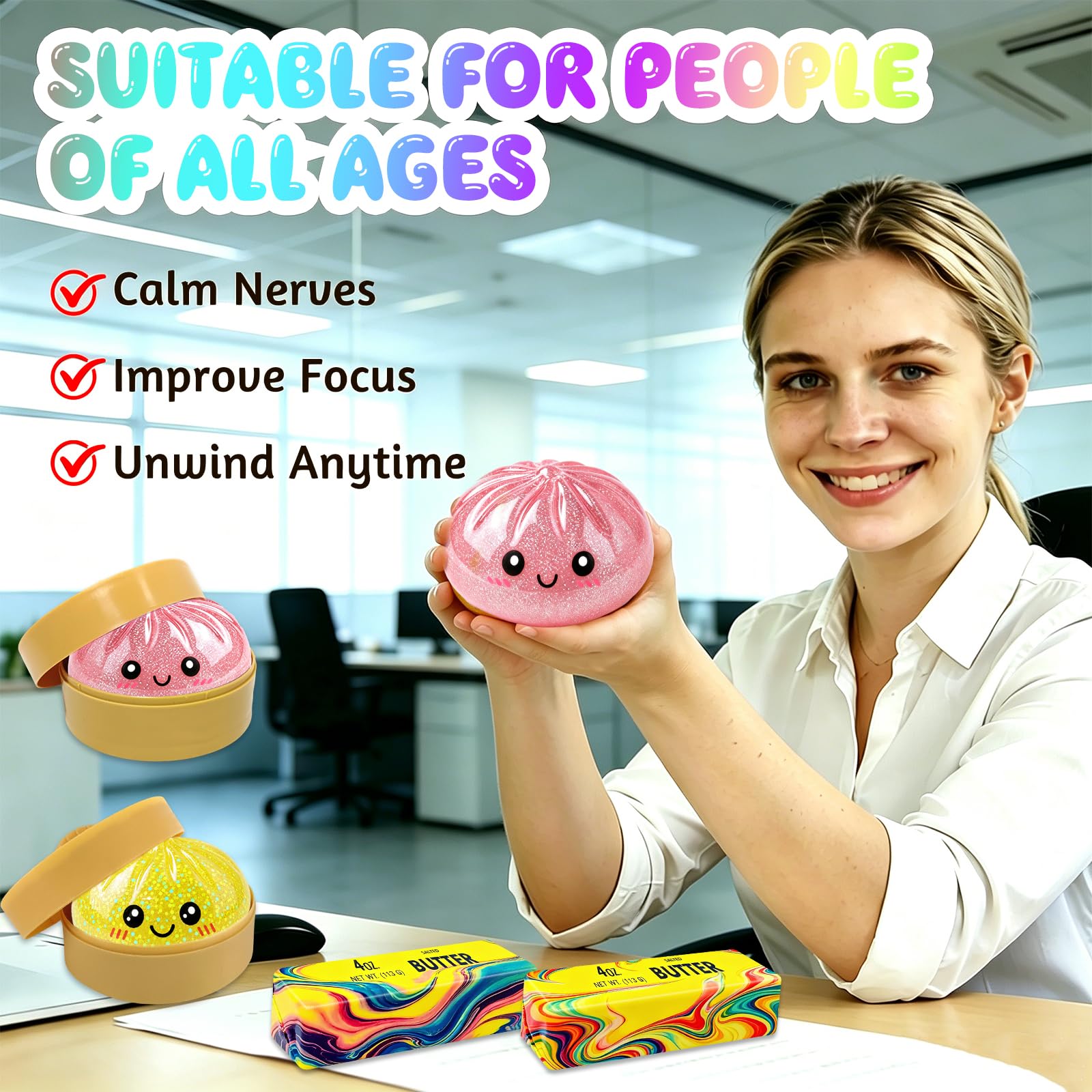 KutaKuta 4 PCS Glitter Squishy Bao Dumpling + Rainbow Butter Squishy, Decompression Sensory Toys with Steamer Box - Image 6