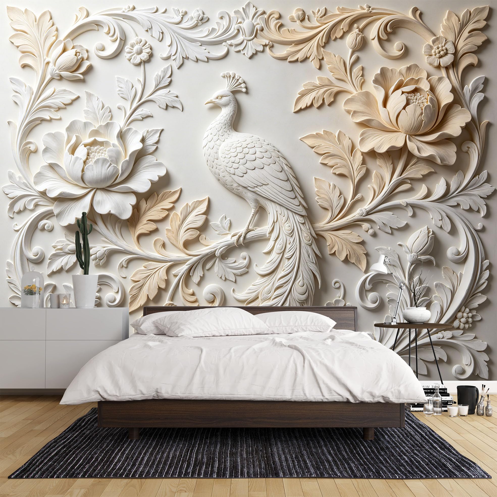 Papel Pintado Fotográfico De Lujo Oriental Elegante con Diseño De Pavo Real Blanco 320 × 230 cm (Ancho X Alto) Mural No Tejido para Revestimiento De Paredes De Sala De Estar Dormitorio Cocina Y F