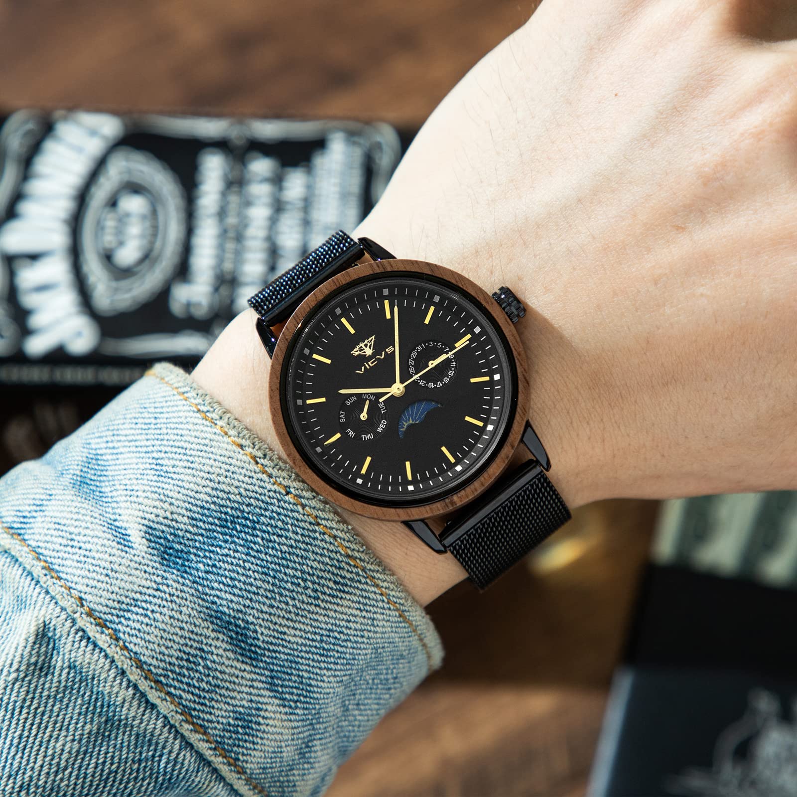 Orologio in Legno e Acciaio Inossidabile da Uomo - Con Data e Fase Lunare, Stile Casual e Sportivo