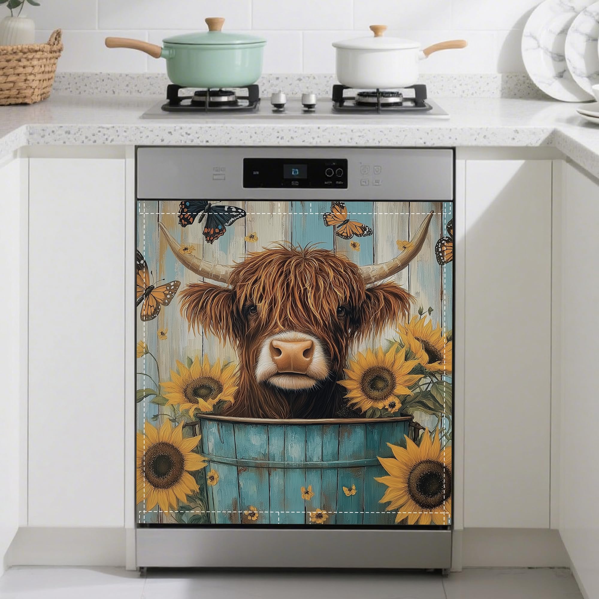 Highland Cow Magnetic Dishwasher Cover,Sunflower Butterfly Dishwasher Covers for The Front Magnetic Dishwasher Panel Decal Cover for Kitchen 23x26inch