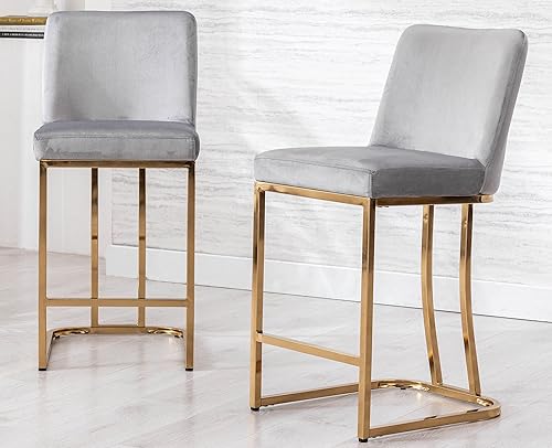 Miniatura 9 de VESCASA Taburetes de bar de 24 pulgadas de alto con respaldo, sillas tapizadas de terciopelo moderno de mediados de siglo con marco de metal dorado