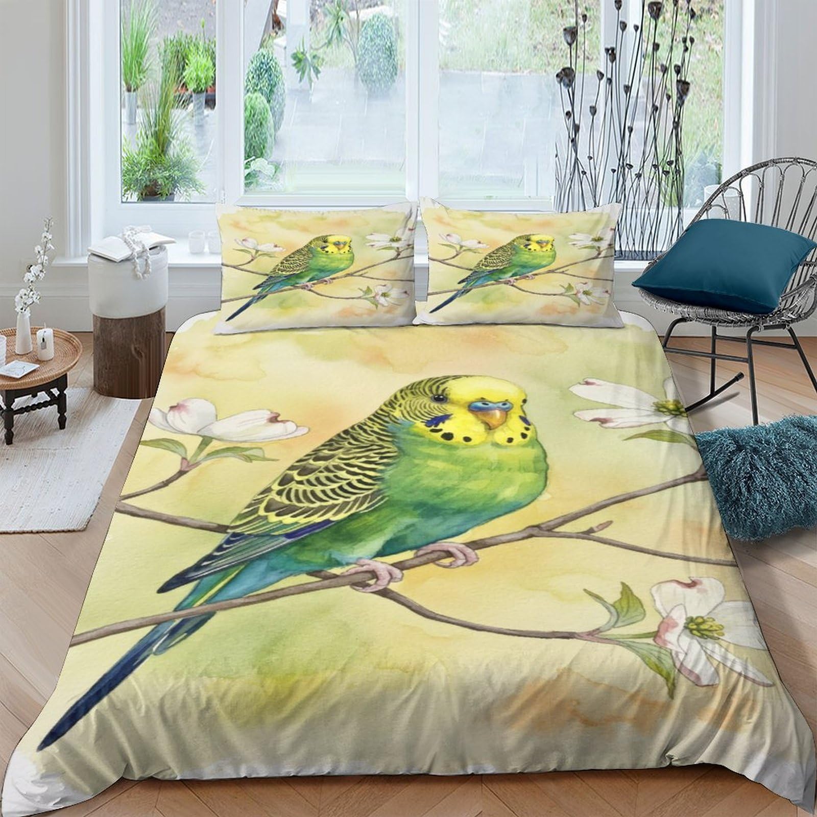 GPLZQXKJNH 3D Printed Green Budgie Bird Duvet Cover Microfiber Soft Breathable Floral Quilt Cover Set with 2 Pillowcases for Bedroom Decor Single（135x200cm）