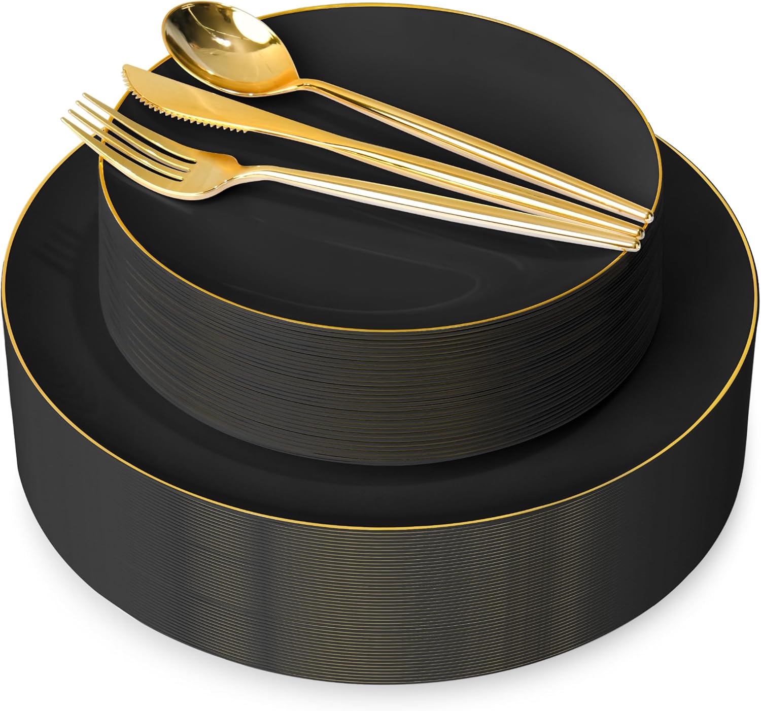 I00000 150Pcs Black Plastic Plates, Black Disposable Plates, Heavy Duty black plates for 30 Guests,Plastic Dinnerware Set Include 30 Dinner Plate,30 Dessert Plate,90 Gold Cutlery Set for Party