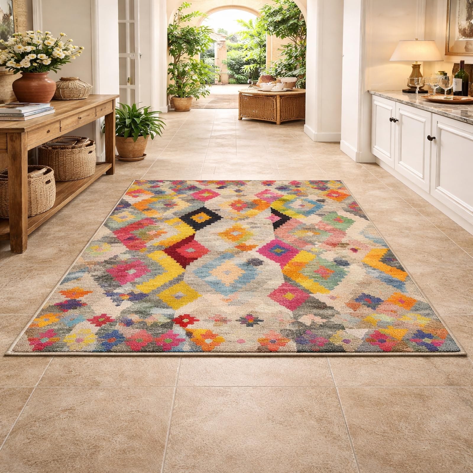 Alfombra lavable para cocina y comedor geométrica colorida Rururug de 180x200