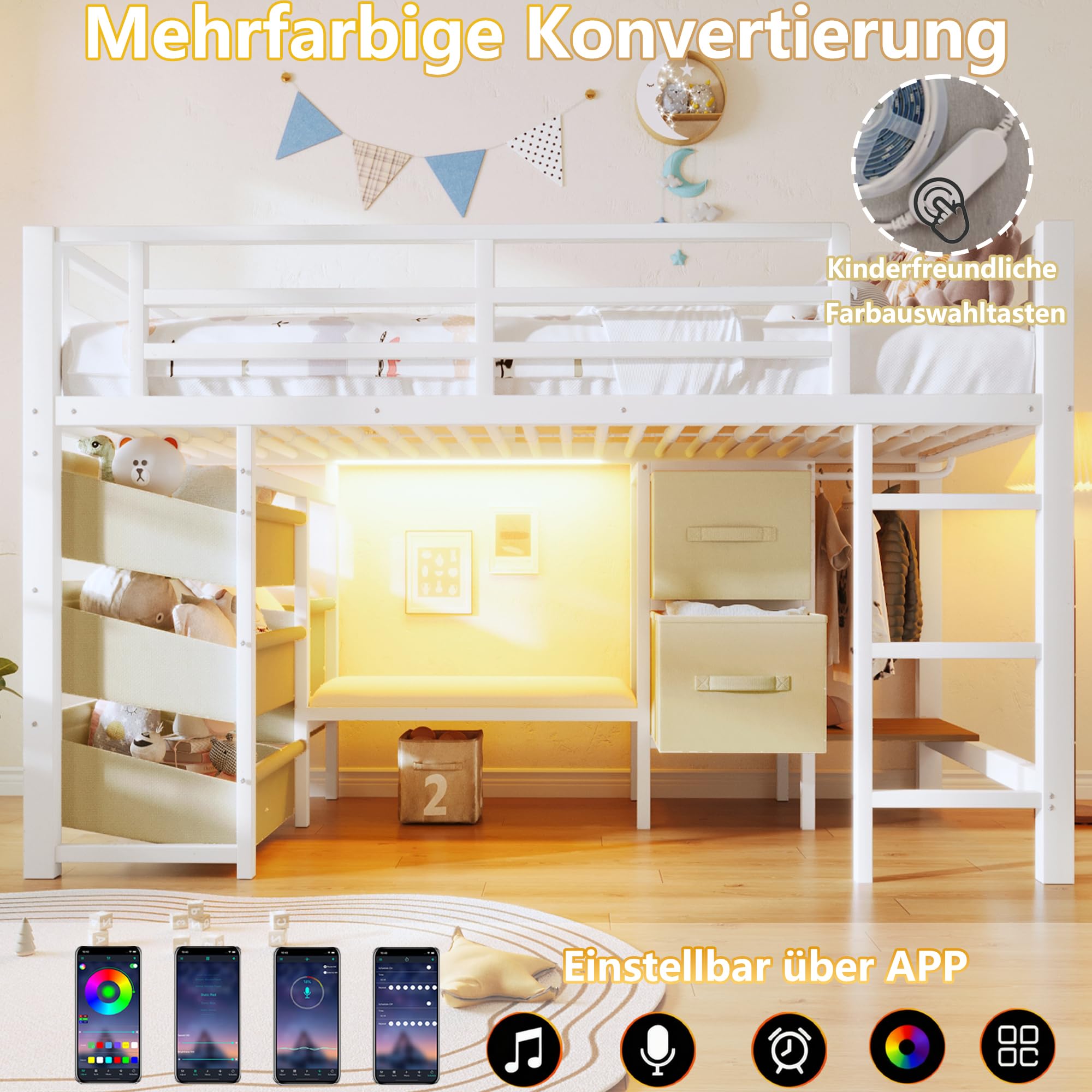 Lit enfant 90x200 avec LED,coussin d'assise,tiroir de rangement en tissu,sac de rangement en tissu,espace patère,lit mezzanine enfant en métal,cadre de lit mi hauteur 90x200 avec sommier (A-Blanc)