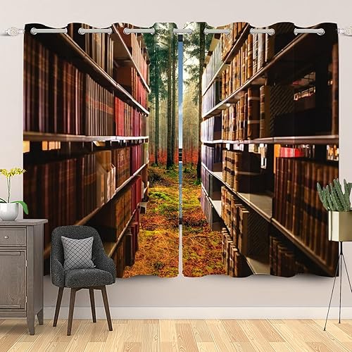 Umpoo Cortinas opacas creativas con diseño abstracto de biblioteca en bosque, retro, decoración para dormitorio, sala de estar, cortinas de Umpoo Cortinas opacas creativas con diseño abstracto de biblioteca en bosque, retro, decoración para dormitorio, sala de estar, cortinas de