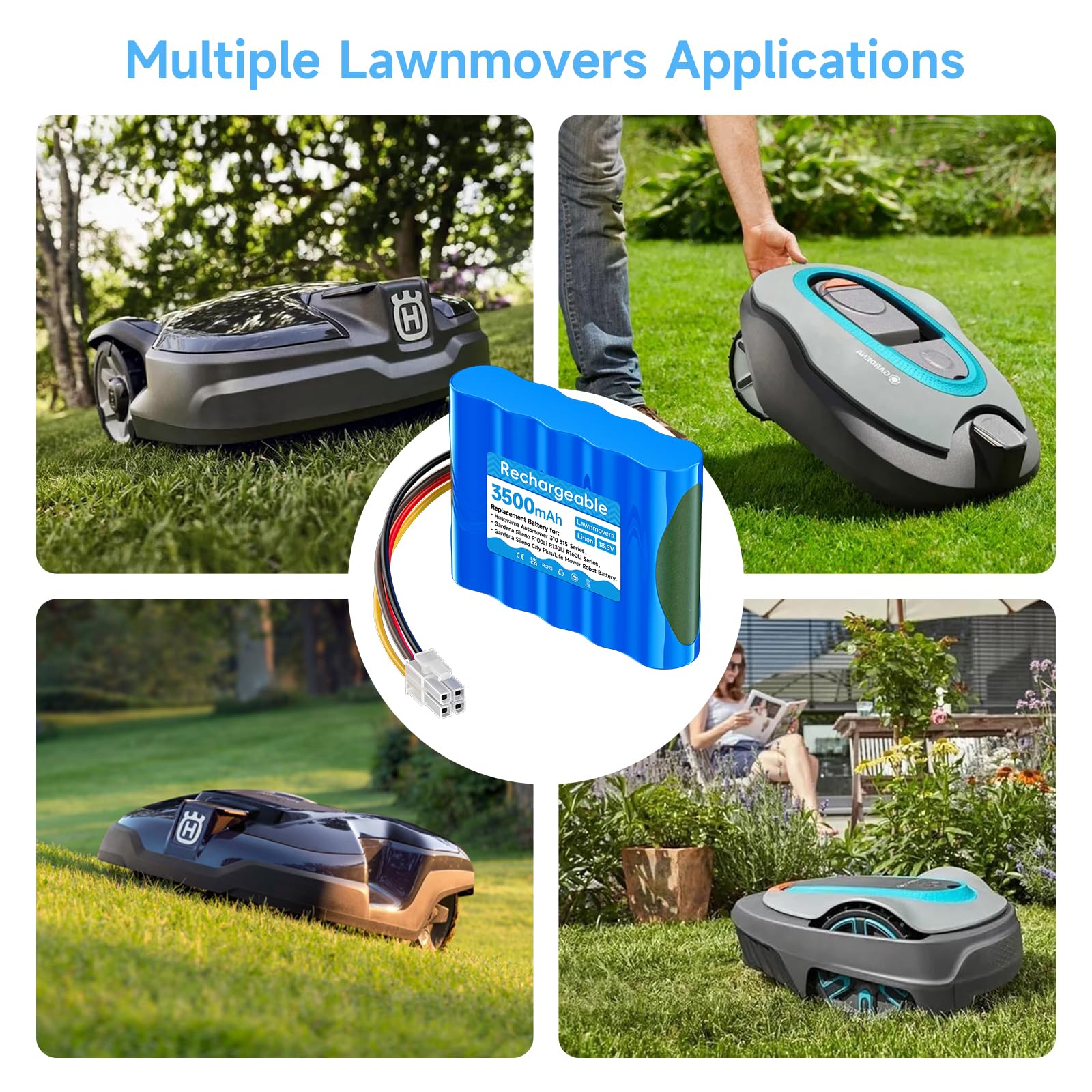18,5V/ 3500mAh Tondeuse Batterie pour Husqvarna Automower 310,315,315X (2015-2018), pour Gardena Sileno R100Li/ R130Li/ R160Li, pour Gardena Sileno City/Life 250 500 (années 2015-2018) 584 82 28-01/02