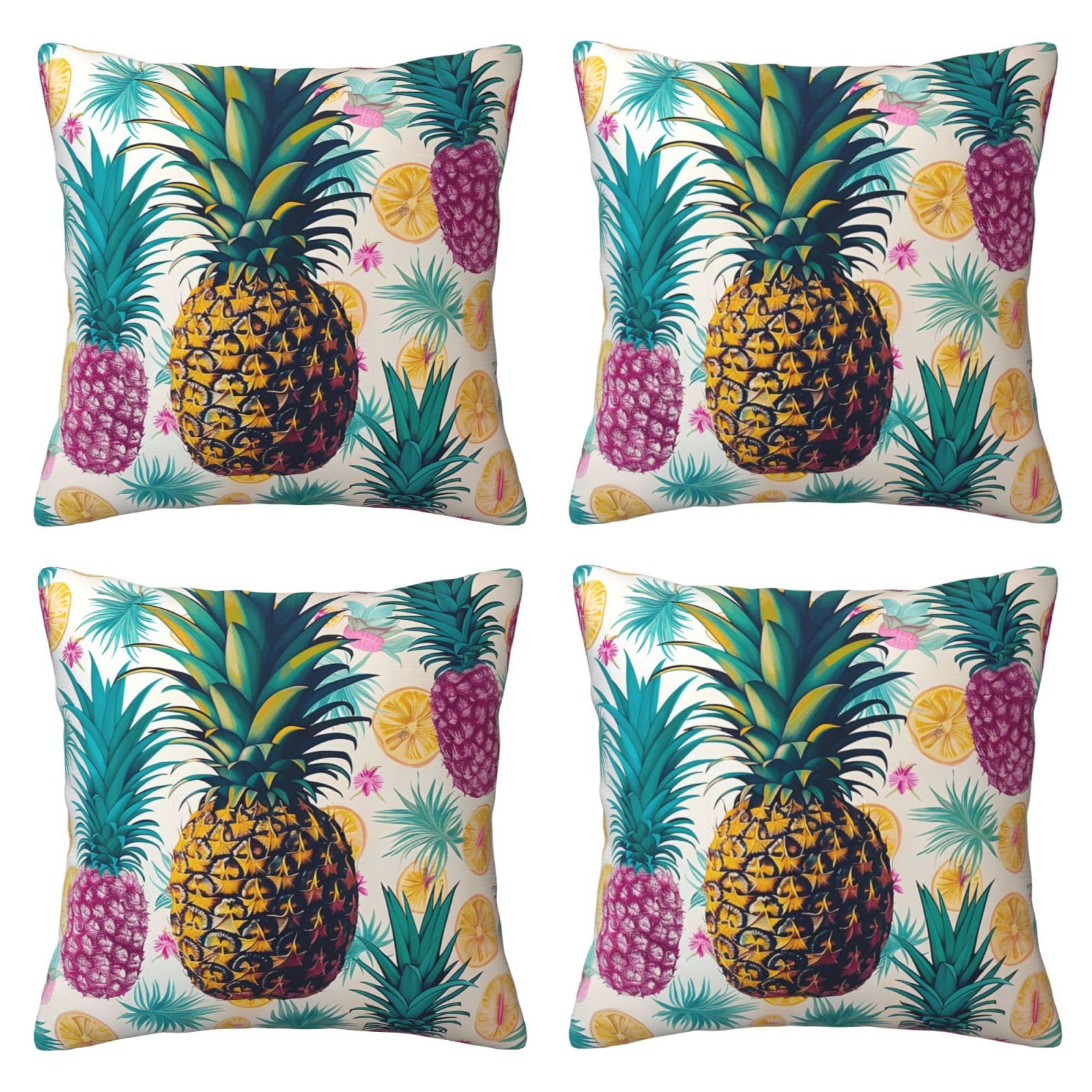 Tropical Pineapple Throw Pillow Cases 4 Pack Square Pillowcases Super Soft Pillow Protectors With Zipper for Couch Livingroom Sofa Bed Office Car,50x50 CM
