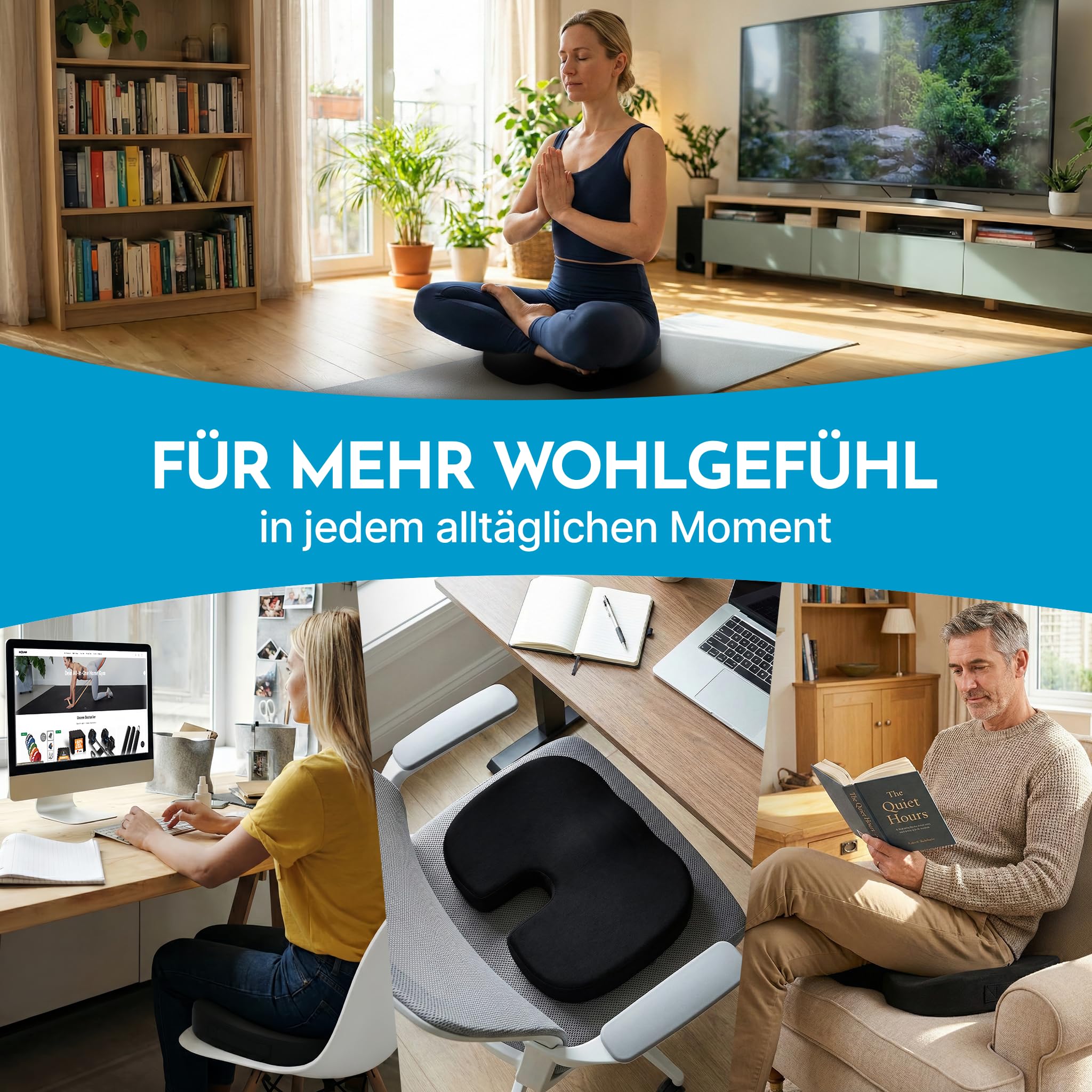 NEOLYMP Orthopädisches Sitzkissen – Memory Foam Kissen mit Steißbein-Aussparung – Ergonomisches Design für Büro, Auto & Reisen – 3 Härtegrade für Sitzkomfort (Schwarz, Fest | 80-130 kg)