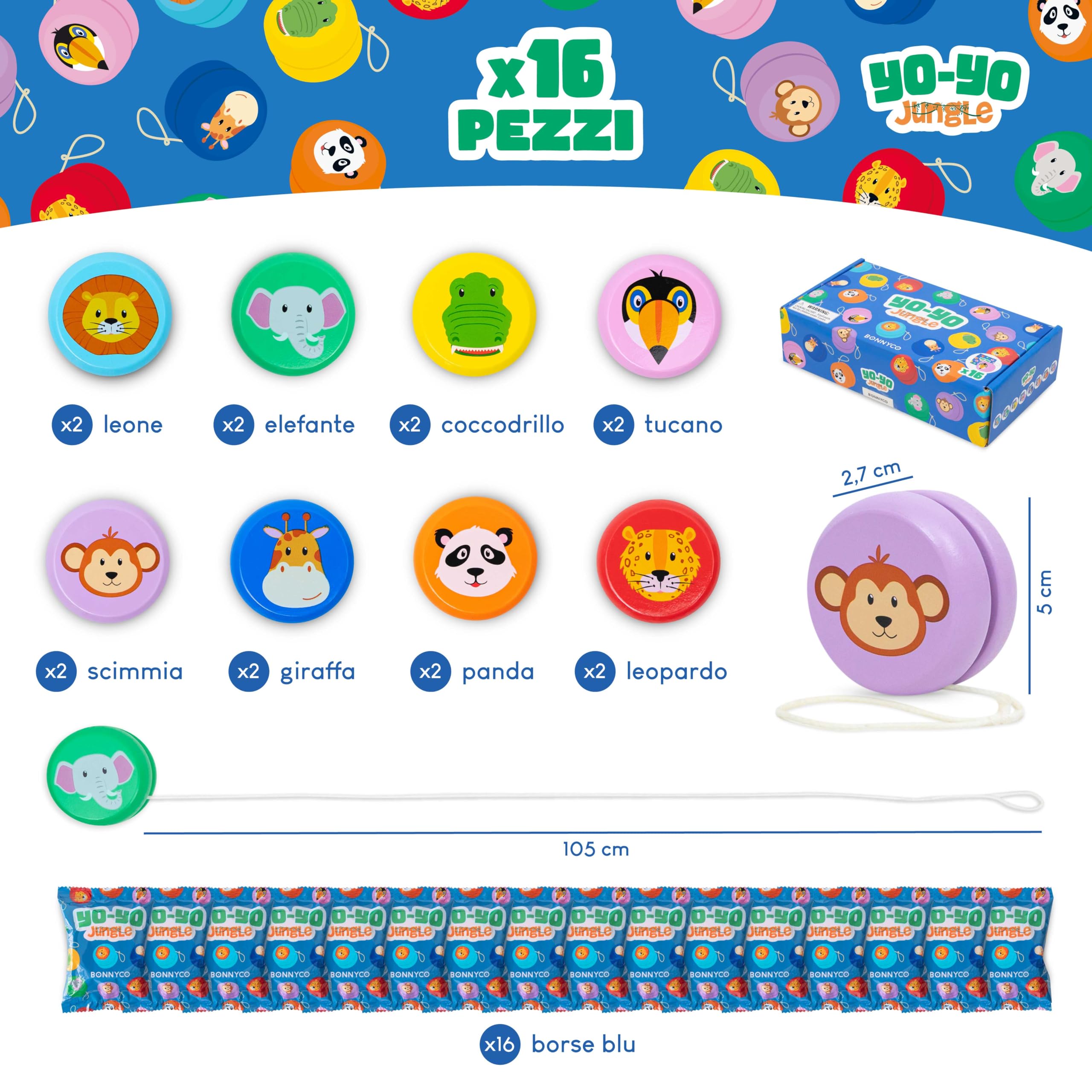 BONNYCO Yoyo Bambini Legno Pack 16 Animali della Giungla. Yo Yo Gadget Compleanno Bambini, Mini Giochi. Regalini Fine Festa Compleanno, Regalino Fine Festa Dopo Invitati, Pensierini Giochini Scuola
